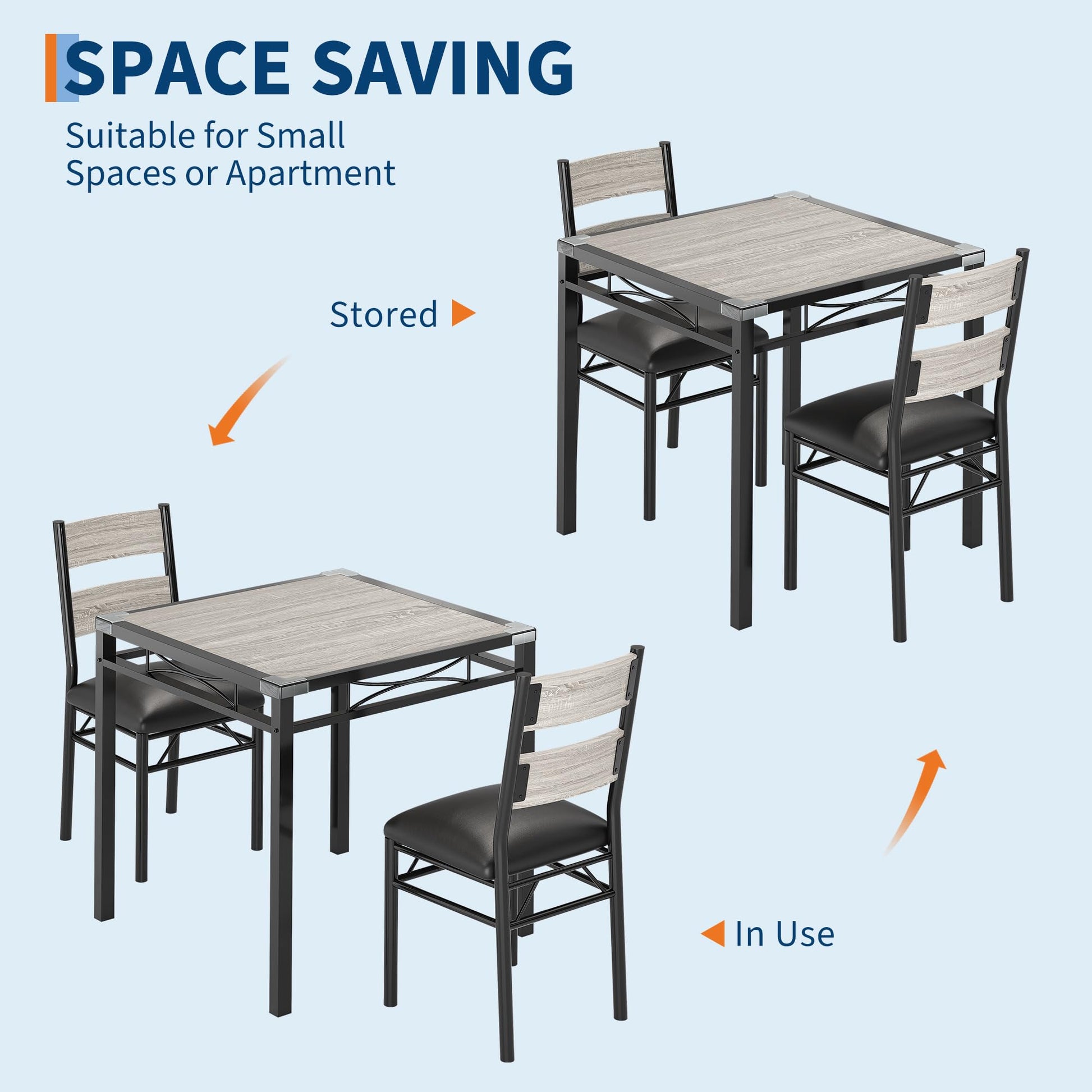 Set da pranzo Garvee per 2 persone con sedie imbottite, protezioni angolari, ergonomico, in legno MDF, struttura in acciaio, grigio retrò, compatto per cucina e appartamento