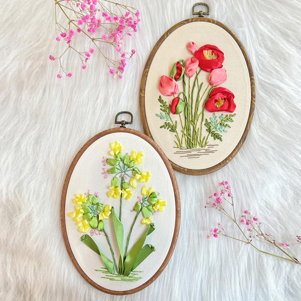 Kit di ricamo Garvee per principianti con motivo floreale 3D, kit di ricamo fai da te con tessuto, telaio, fili, aghi, taglia unica, multicolore