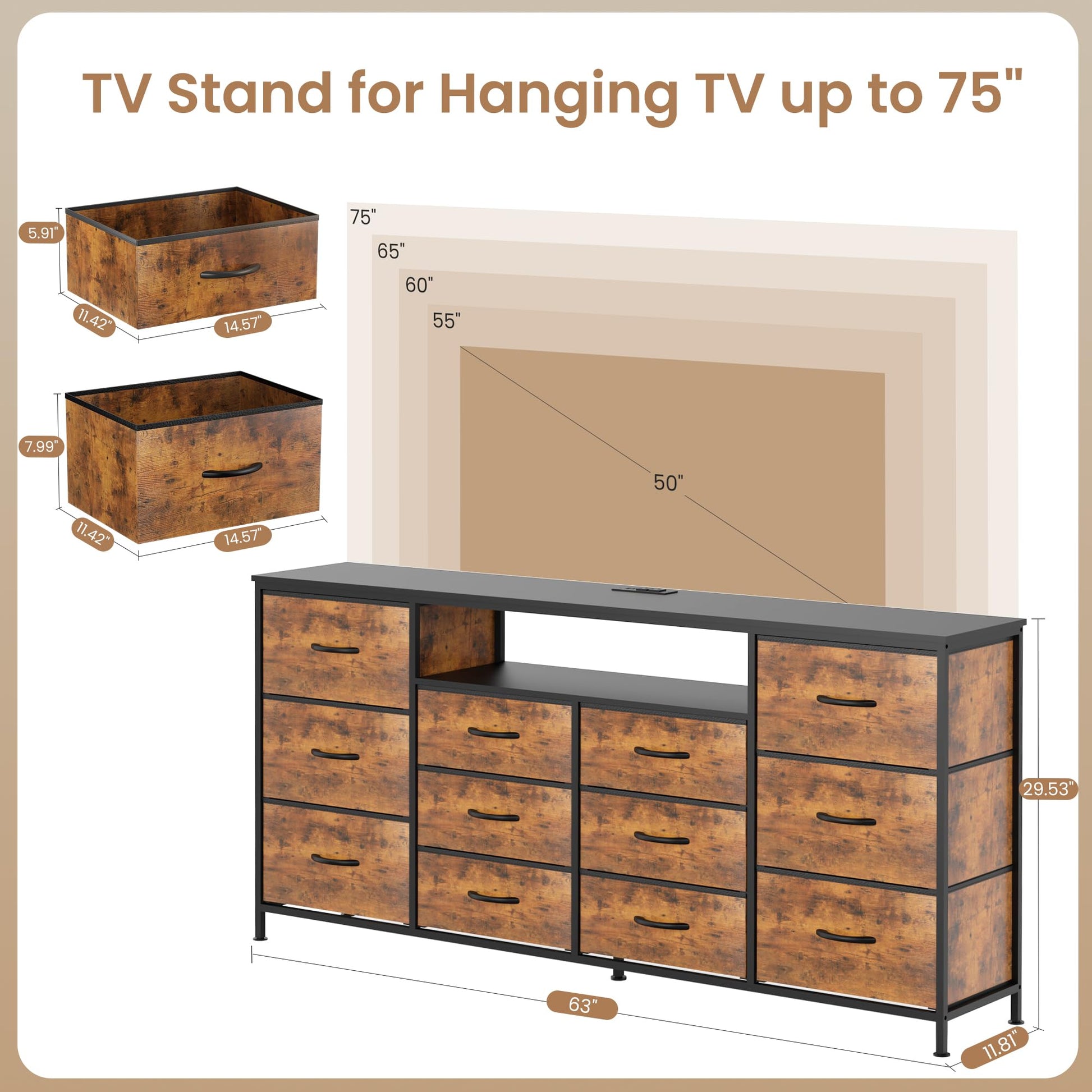 Supporto TV Garvee da 63" per TV da 65-75" con 12 cassetti, illuminazione a LED, tessuto, caricabatterie, struttura in metallo per soggiorno e camera da letto