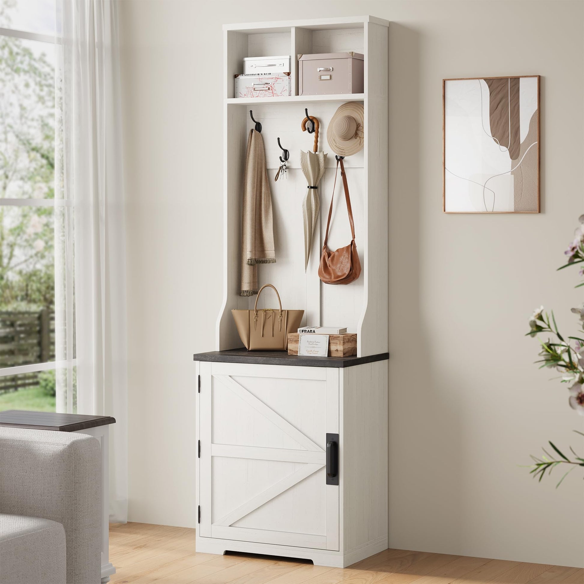 Appendiabiti Garvee Farmhouse 3 in 1 con 6 ganci e panca portascarpe per corridoio e ingresso, MDF, design rustico, spazio di archiviazione, posti a sedere