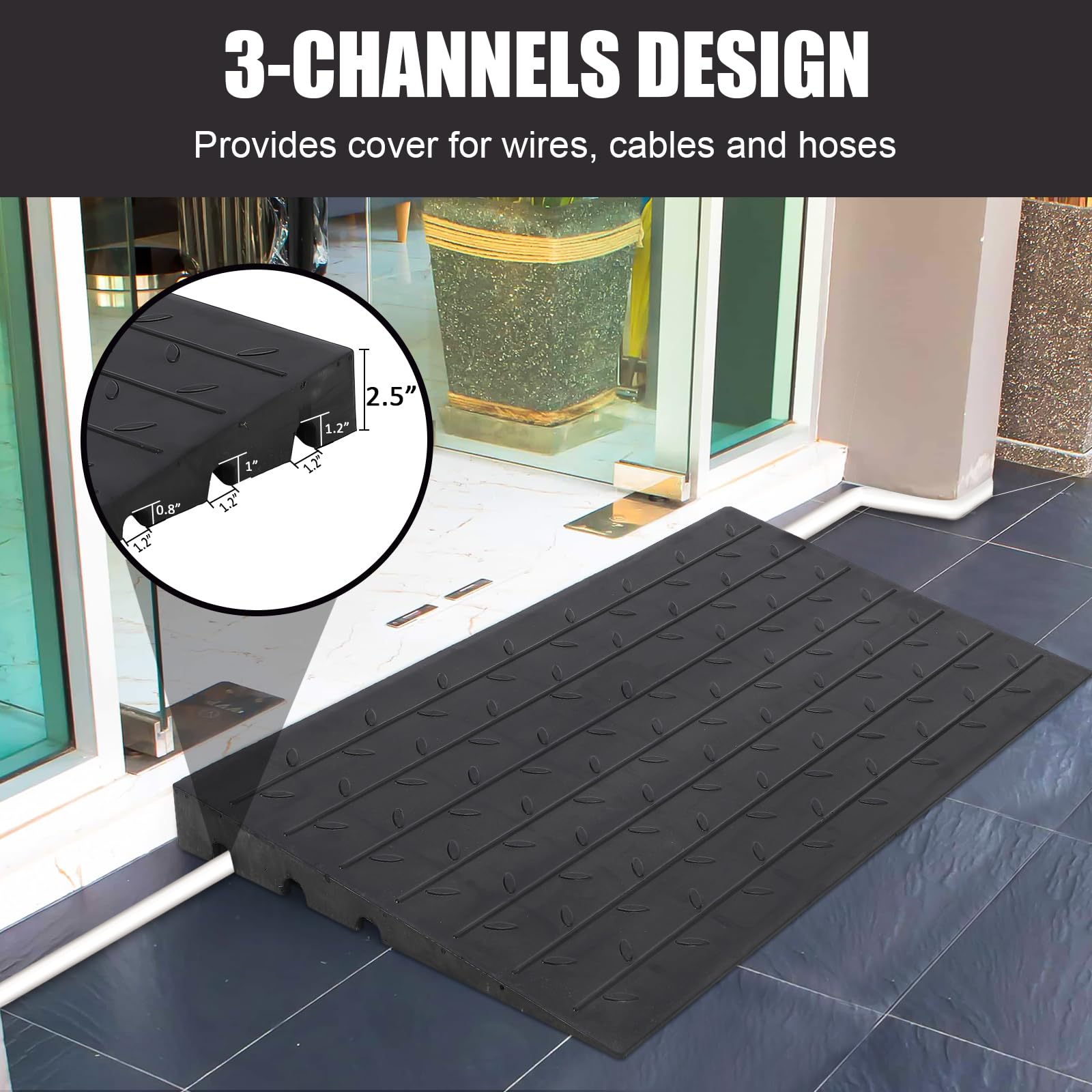 Rampa di soglia in gomma Garvee, inclinazione 2,5", capacità di carico 2500 libbre, robusta protezione per cavi antiscivolo in gomma a 3 canali per sedie a rotelle e scooter.