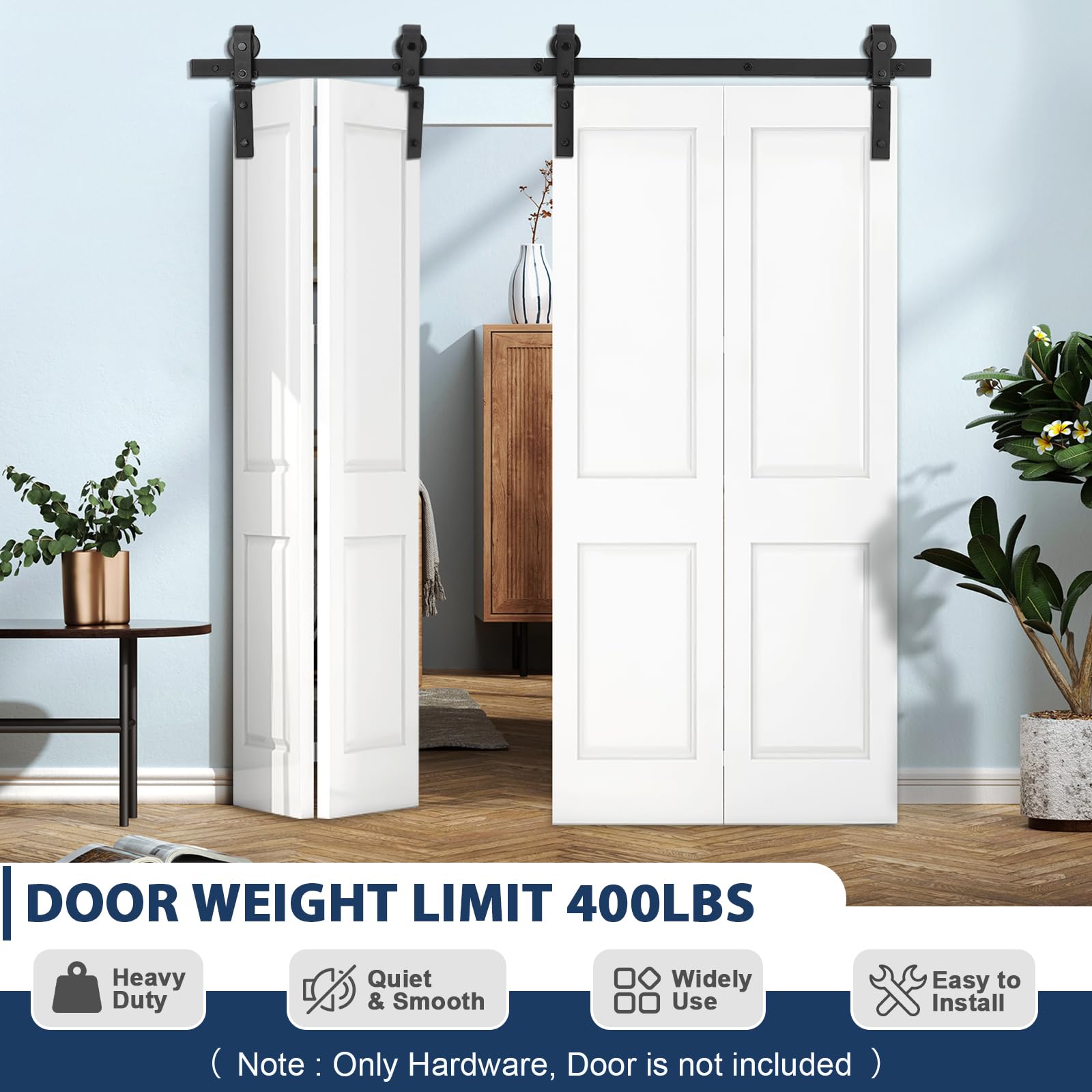 Set di ferramenta per porte scorrevoli pieghevoli Garvee da 52" per 4 porte, acciaio resistente, silenzioso e scorrevole, salvaspazio, porte da 12", nero, soggiorno e sala da pranzo