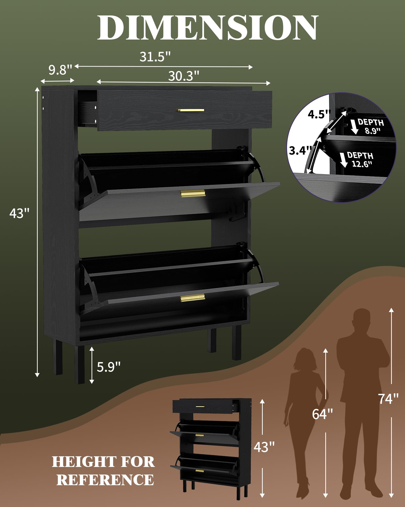 Scarpiera stretta Garvee con 3 cassetti, ripiani regolabili, in legno MDF, antiribaltamento per corridoio e ingresso, design moderno, colori naturali
