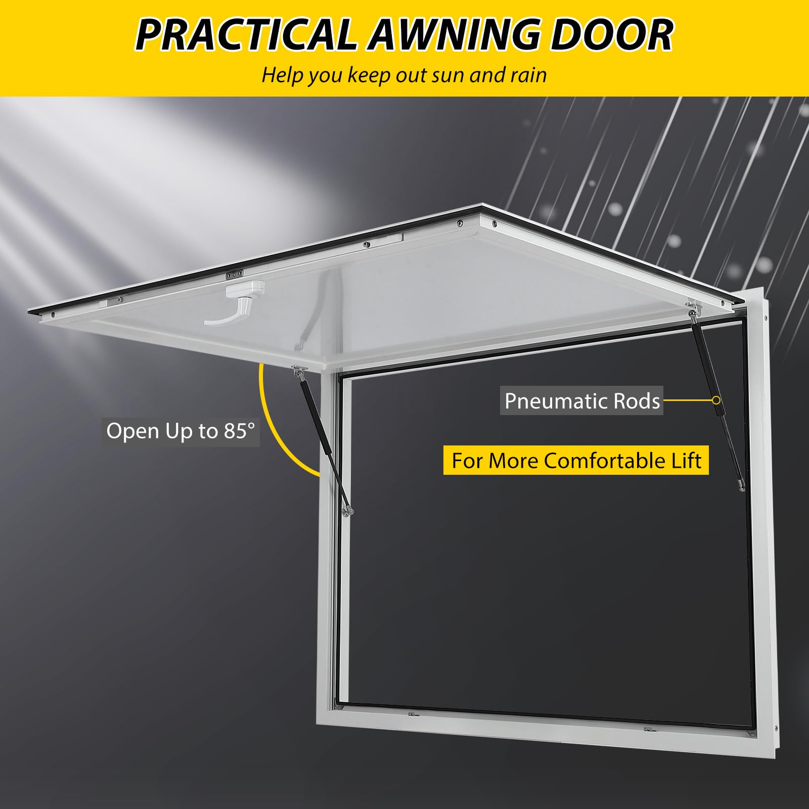 Finestra per concessioni Garvey con tenda da sole, telaio in alluminio, doppia chiusura a forcella, aste di sollevamento idrauliche, resistente alle intemperie, finestra per food truck, 48"x36"