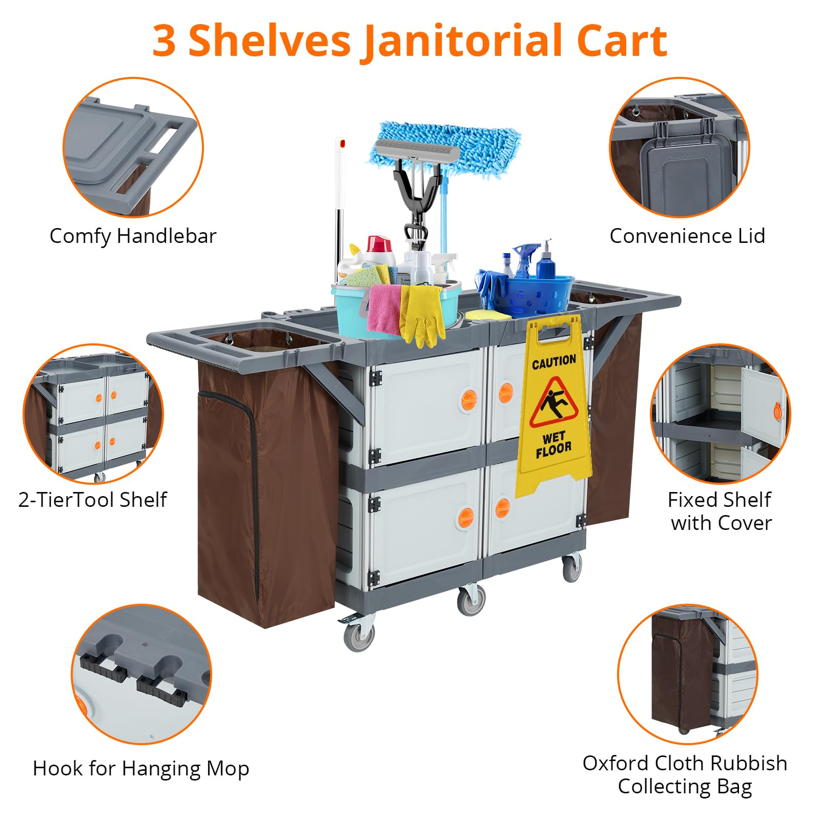 Carrello per la pulizia Garvee con 4 armadietti, 3 ripiani e grande sacco in vinile per hotel, ufficio e ospedale, 136 kg, grigio