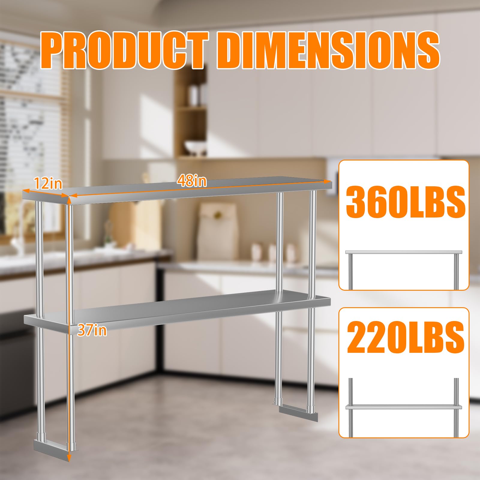 Ripiano superiore doppio in acciaio inossidabile Garvee da 12 x 48 pollici, regolabile, a 2 livelli, per cucina, officina, antiruggine, robusto