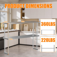 Ripiano superiore doppio in acciaio inossidabile Garvee da 12 x 48 pollici, regolabile, a 2 livelli, per cucina, officina, antiruggine, robusto