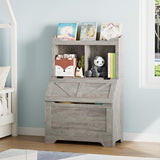 Libreria per bambini Garvee con coperchio incernierato, 2 ripiani, in legno, robusta e antigraffio, protezione antiribaltamento per sale giochi e camerette, grande, legno naturale - Grigio