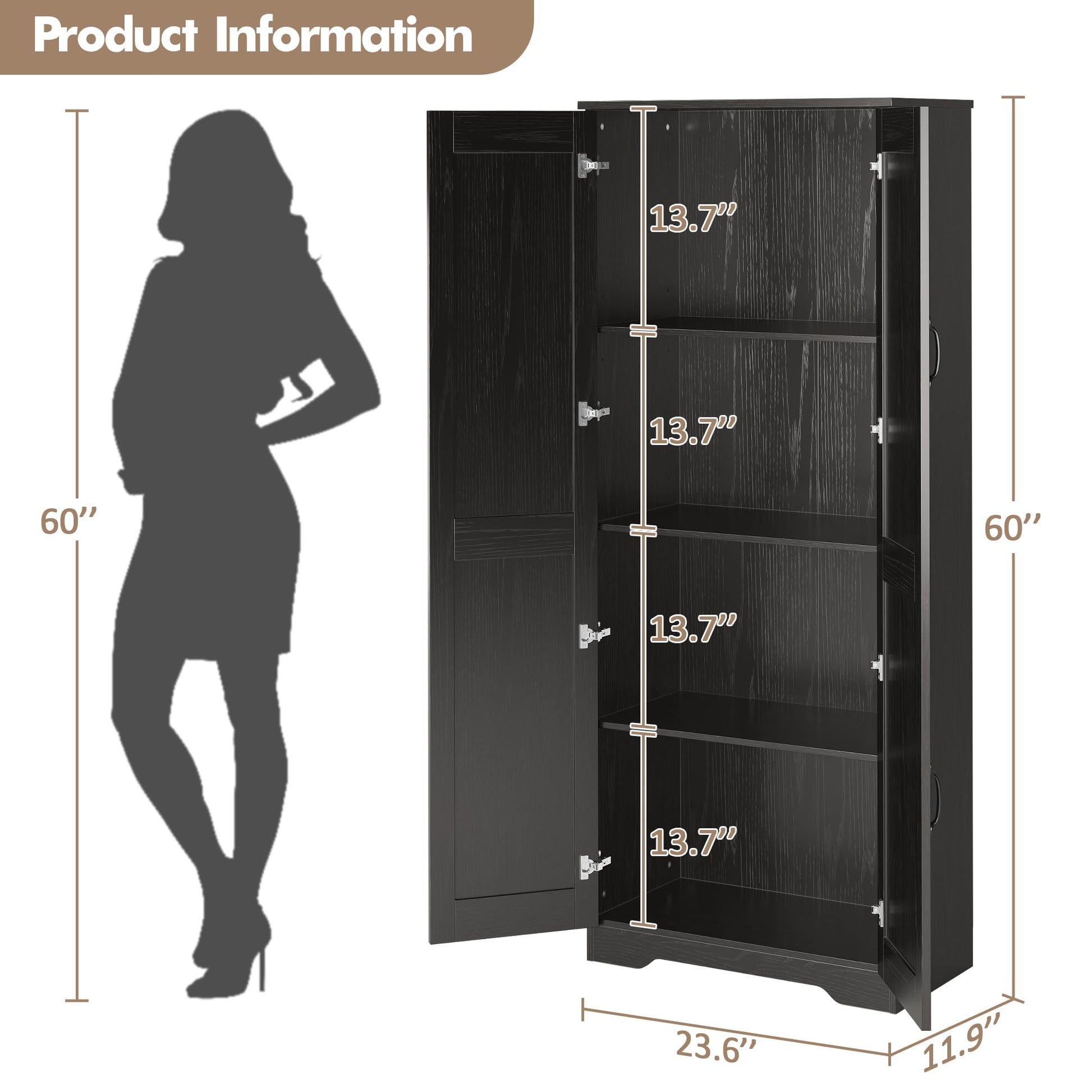 Mobile dispensa alto Garvee da 152.4 cm con 2 ante, ripiani regolabili, legno P2, maniglie in metallo, nero, per cucina e bagno, indipendente, 59.9 cm L x 30.2 cm P x 152.4 cm A