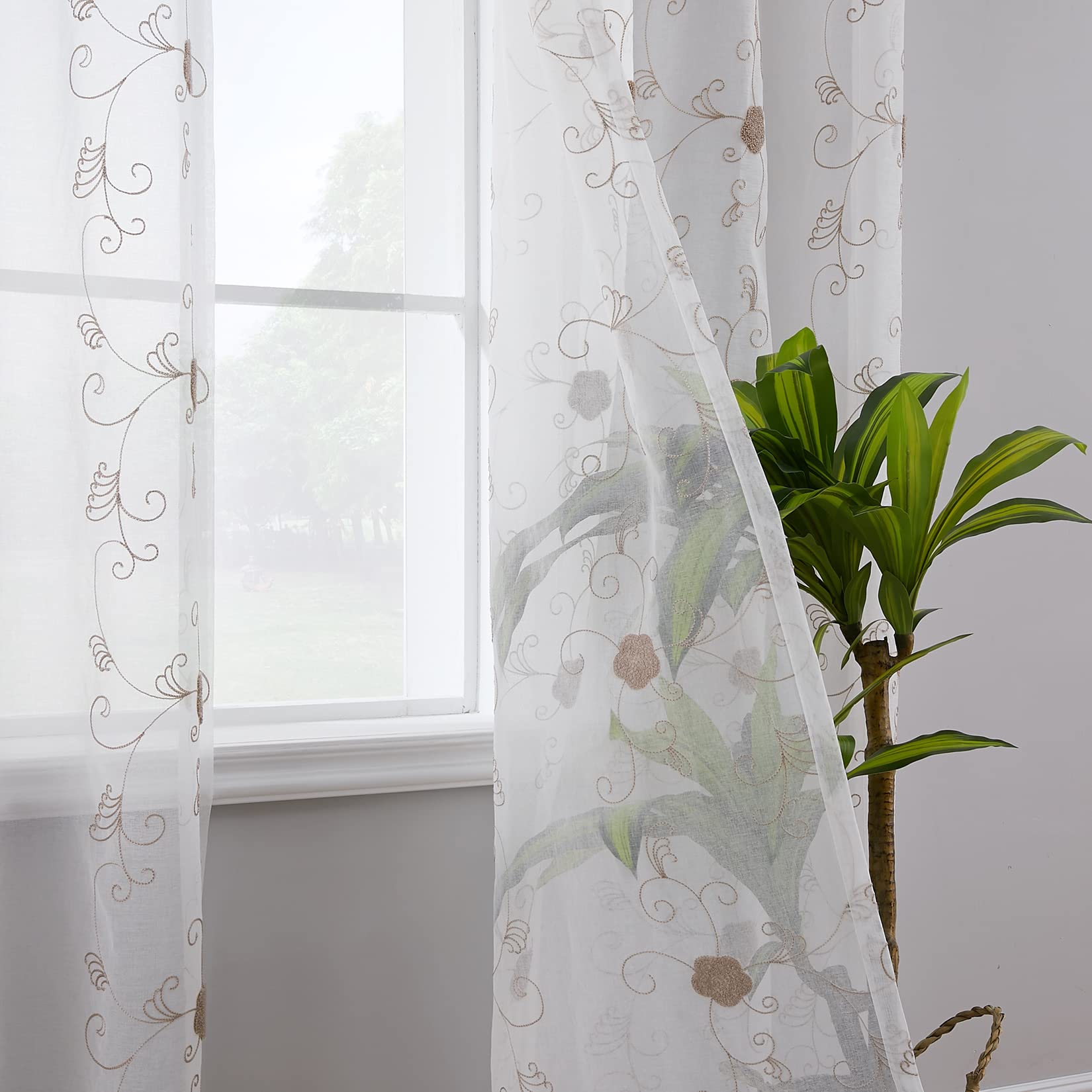 Tende in voile GARVEE con motivo floreale, semitrasparenti, in poliestere leggero, marrone, 140x245 cm, per cucina e bagno