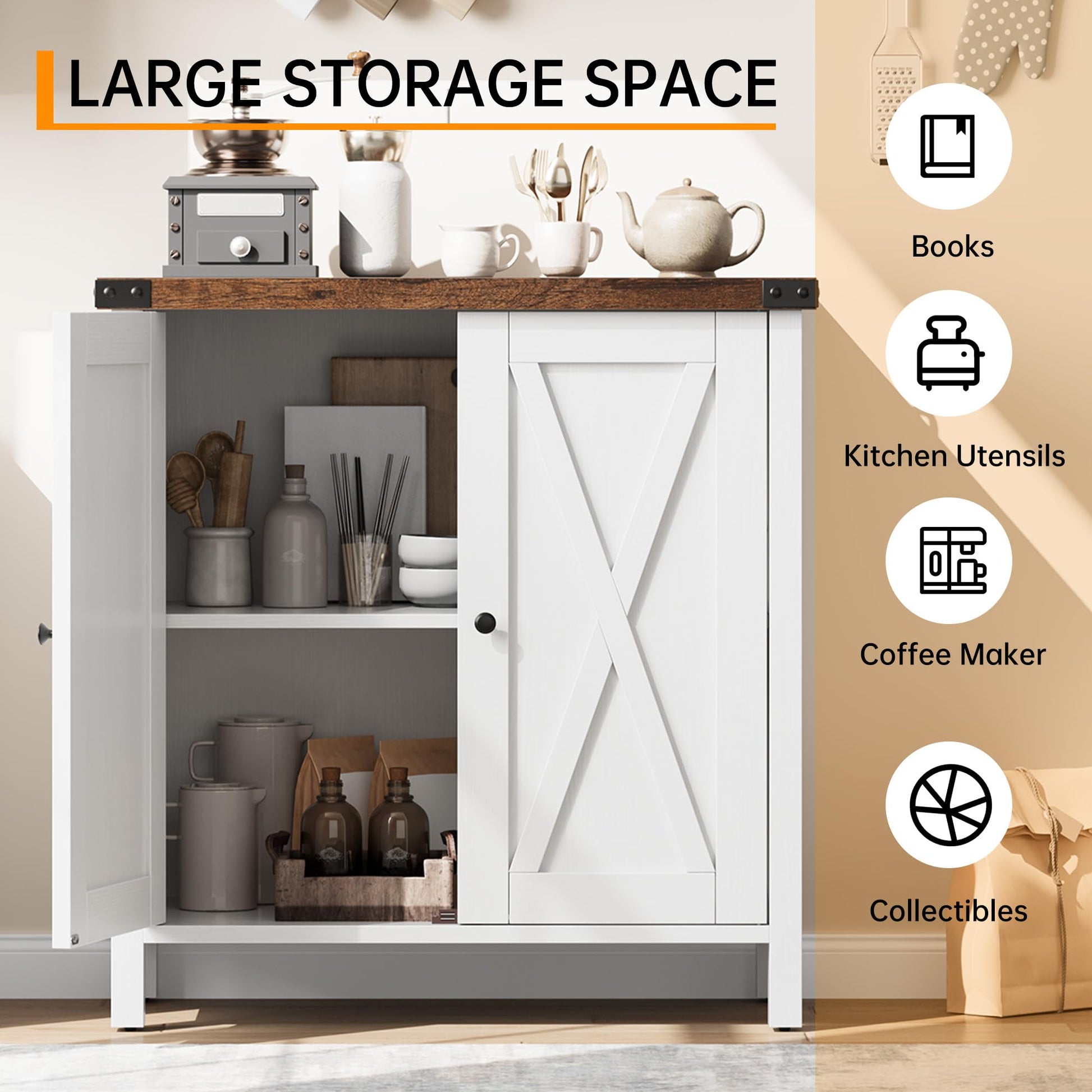 Credenza buffet da cucina Garvee con ante, ripiano regolabile, stile country, per cucina, soggiorno, sala da pranzo, bianca