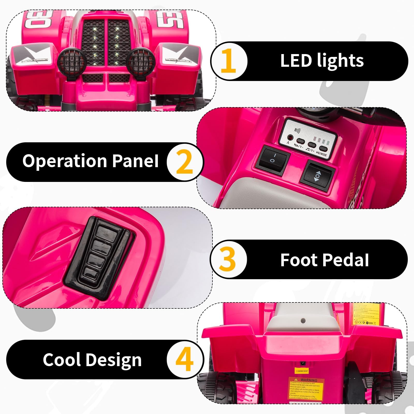 Quad elettrico per bambini Garvee 6V rosso rosa con musica a LED per una guida sicura a partire dai 3 anni, sia all'interno che all'esterno.