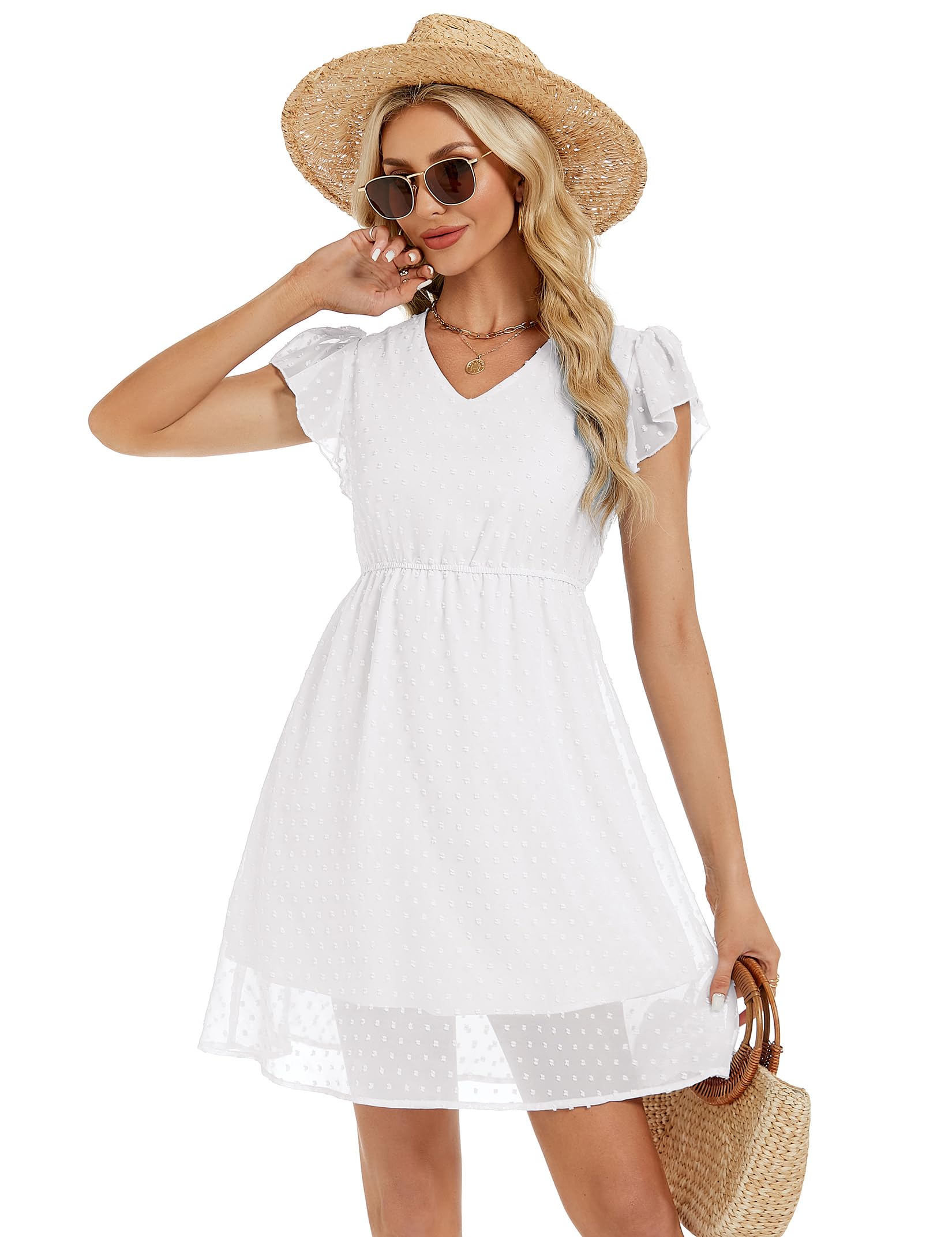 Garvee Abito estivo da donna con maniche a balze, scollo a V, casual, stile swing, elastico in vita, lunghezza al ginocchio, abito da spiaggia, bianco, taglia S