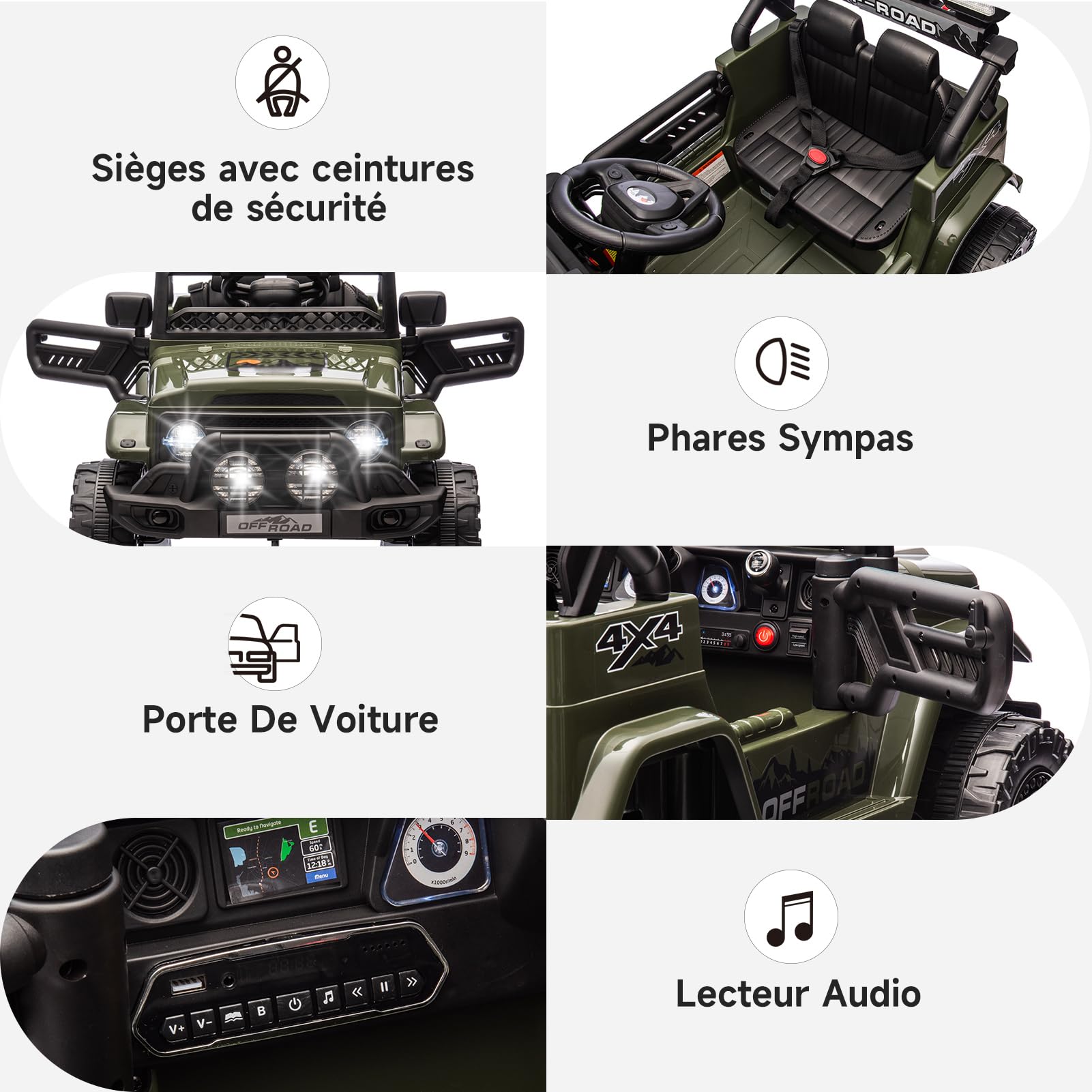 Garvee 12V Auto elettrica per bambini verde militare con LED e Bluetooth per parco giochi, giardino e guida su strada