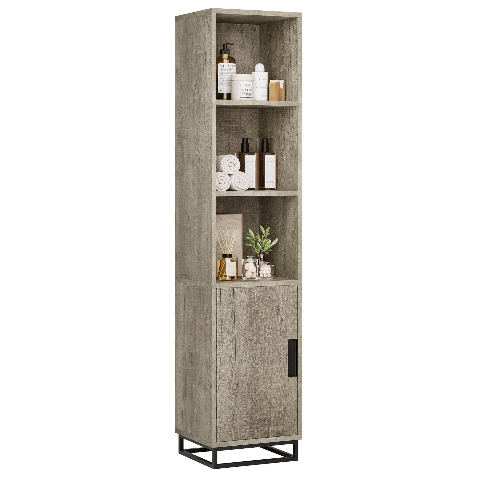 Mobiletto da bagno alto Garvee da 70" stretto con anta, ripiano regolabile, in legno, stile country moderno, nero, per cucina e soggiorno
