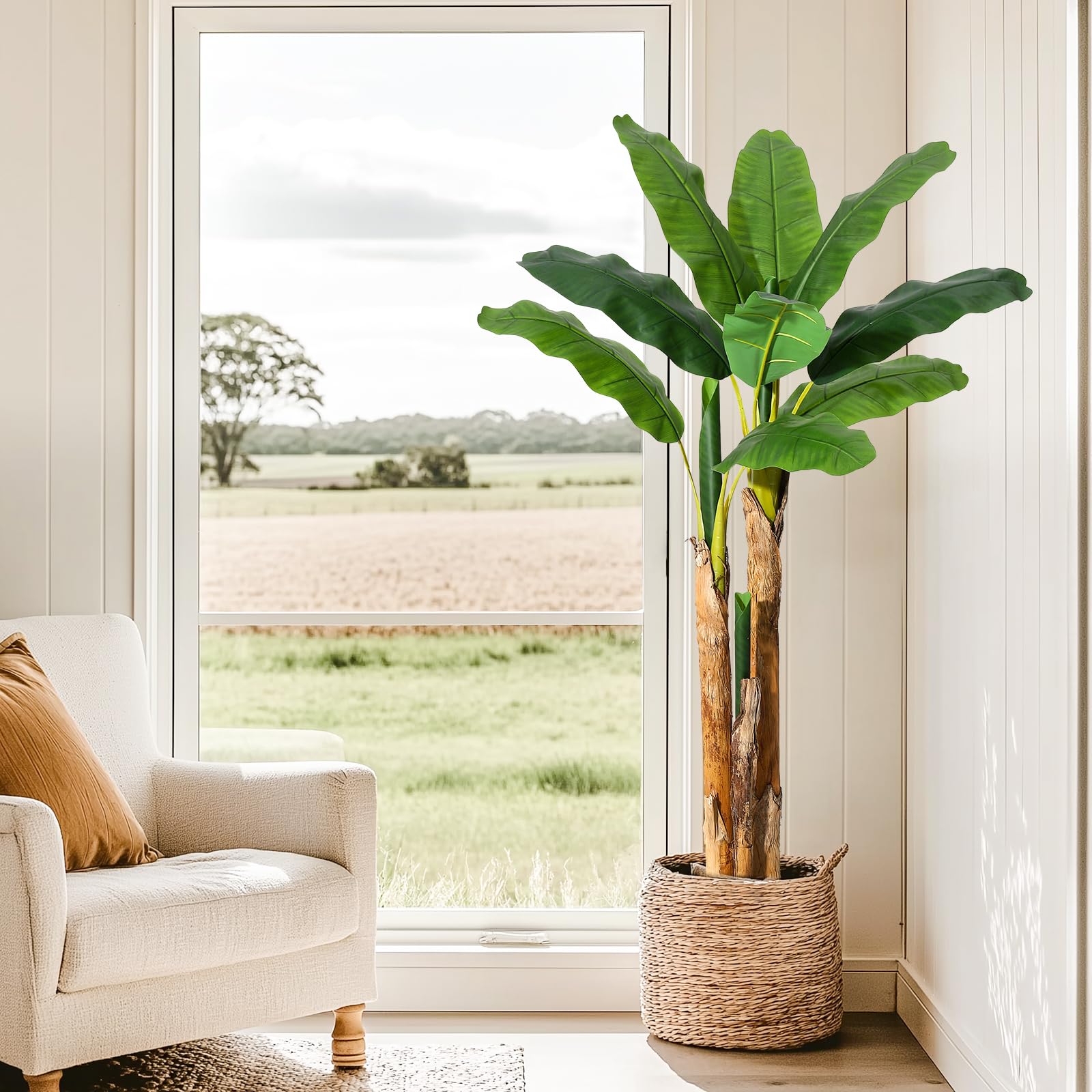 Albero di banano artificiale Garvee da 5 piedi con 11 foglie, foglie in PE, vaso di cemento, grigio per casa e ufficio