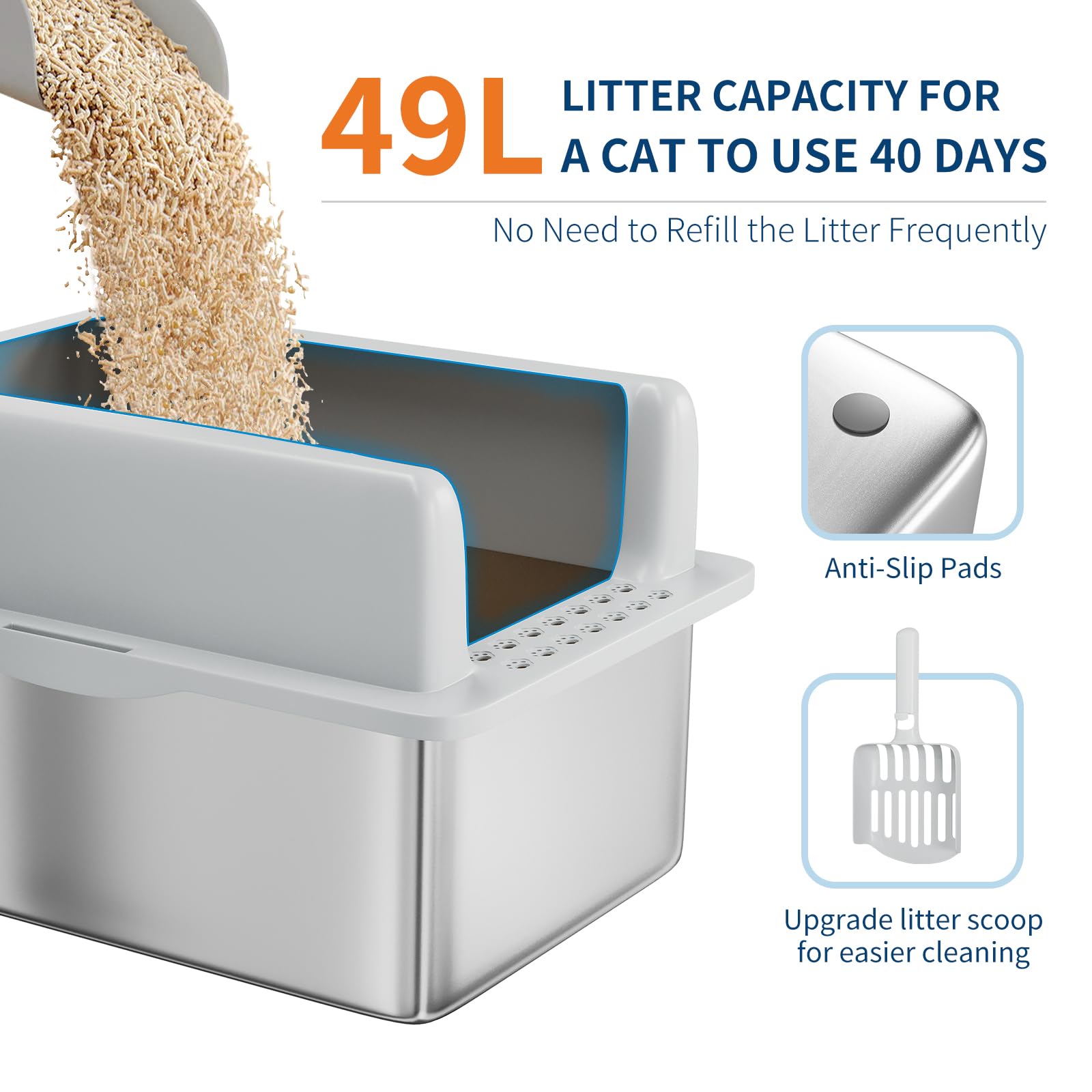 Lettiera per gatti Garvee XXL in acciaio inossidabile con bordo alto e paletta per gatti di grandi dimensioni e famiglie con più gatti, 23,6"x16", argento