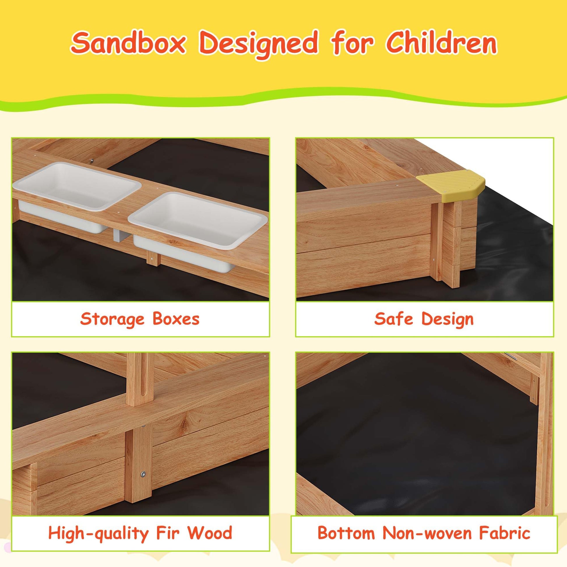 Sabbiera in legno Garvee con 2 contenitori in plastica, parasole regolabile, giardino e patio, 39x39 pollici, legno naturale