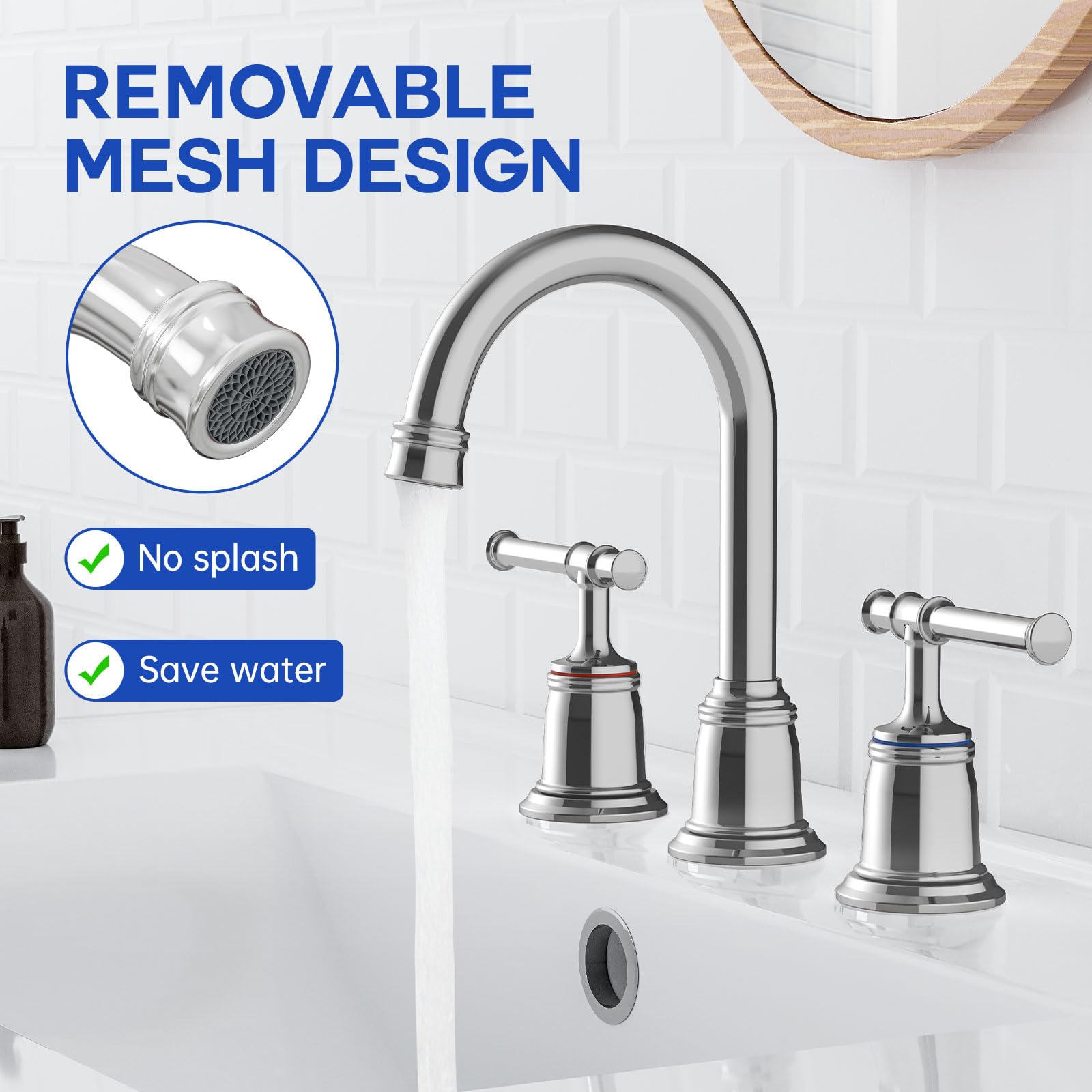 Rubinetto per bagno Garvee da 8 pollici, rubinetto per lavabo cromato, 3 fori, diffuso in ottone, 2 maniglie, design classico per bagno