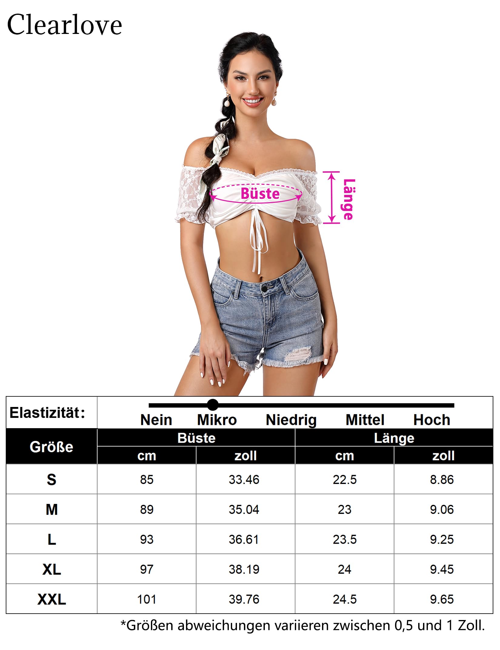 Camicetta Dirndl Garvee in pizzo bianco da donna, camicetta tradizionale, manica corta, spalle scoperte, per l'Oktoberfest, taglia 42