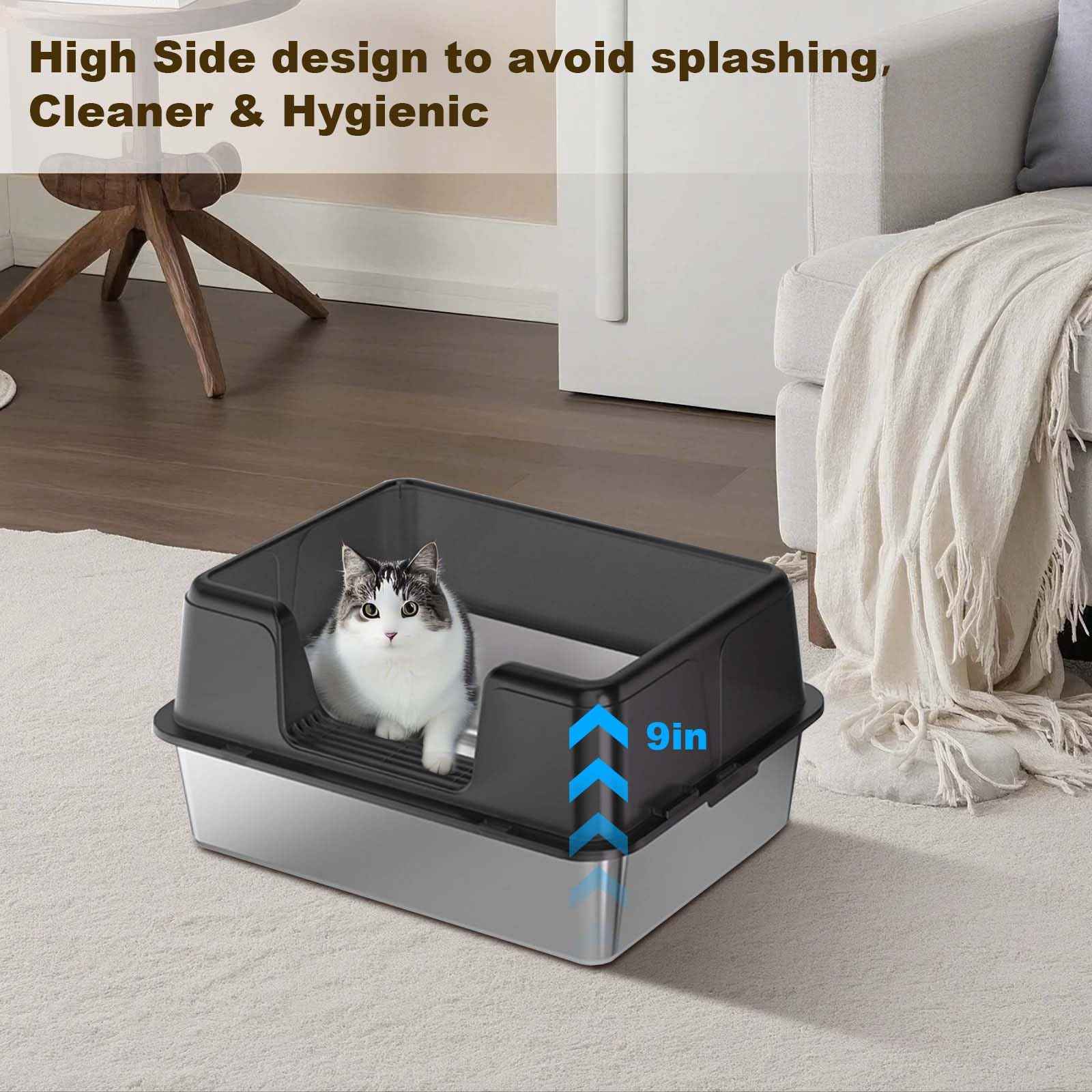 Lettiera per gatti Garvee in acciaio inox con coperchio, extra large, bordi alti, antigraffio, per uso domestico, con tappetino antiscivolo e paletta
