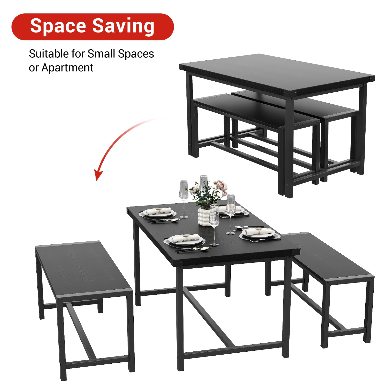 Set da pranzo Garvee per 4 persone con tavolo rettangolare e 2 panche in legno, robusto, rustico, salvaspazio, ideale per stanze piccole, MDF e acciaio, marrone