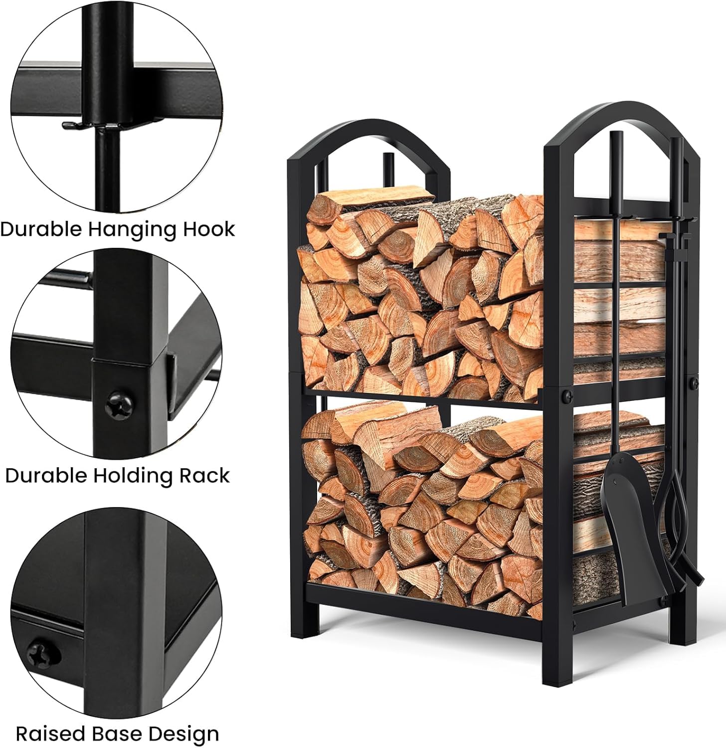 Scaffale in legno Garvee per uso interno ed esterno con attrezzi per camino, 40x30x75 cm, nero, resistente