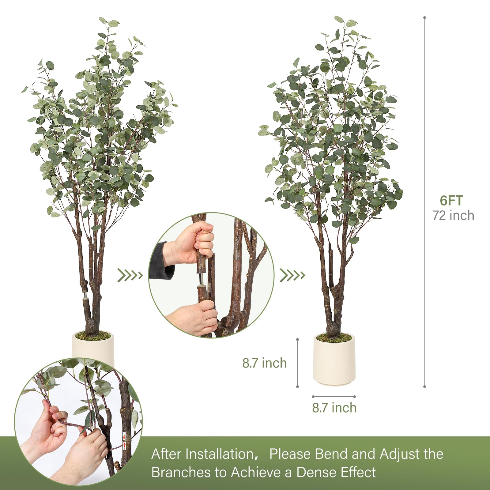 Albero di eucalipto artificiale Garvee da 6 piedi con 50 luci a LED, rami in filo metallico, vaso di plastica per interni ed eventi, bianco