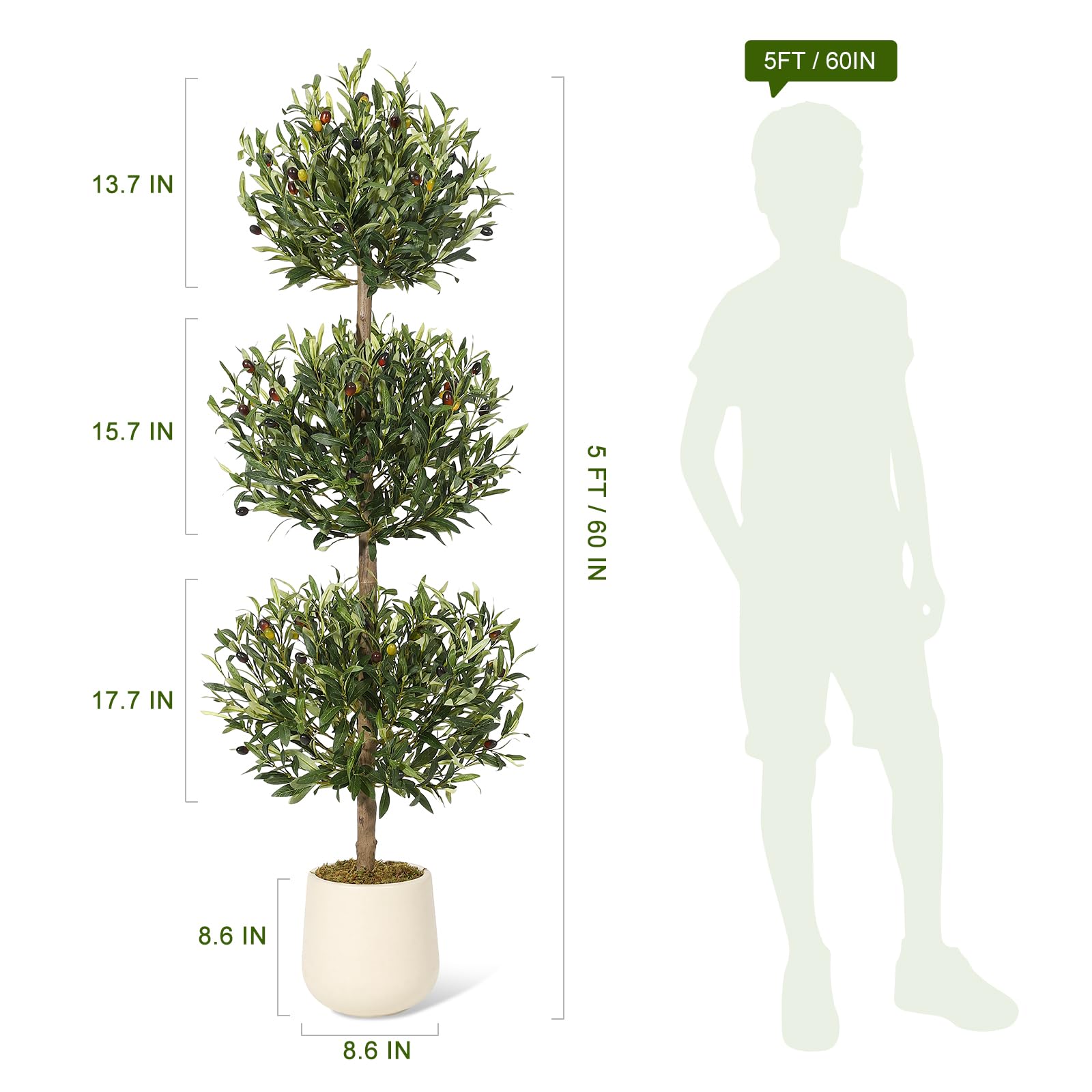 Garvee 5FT Albero di ulivo artificiale a tripla sfera Topiary resistente ai raggi UV Muschio e vaso per uso interno ed esterno Verde