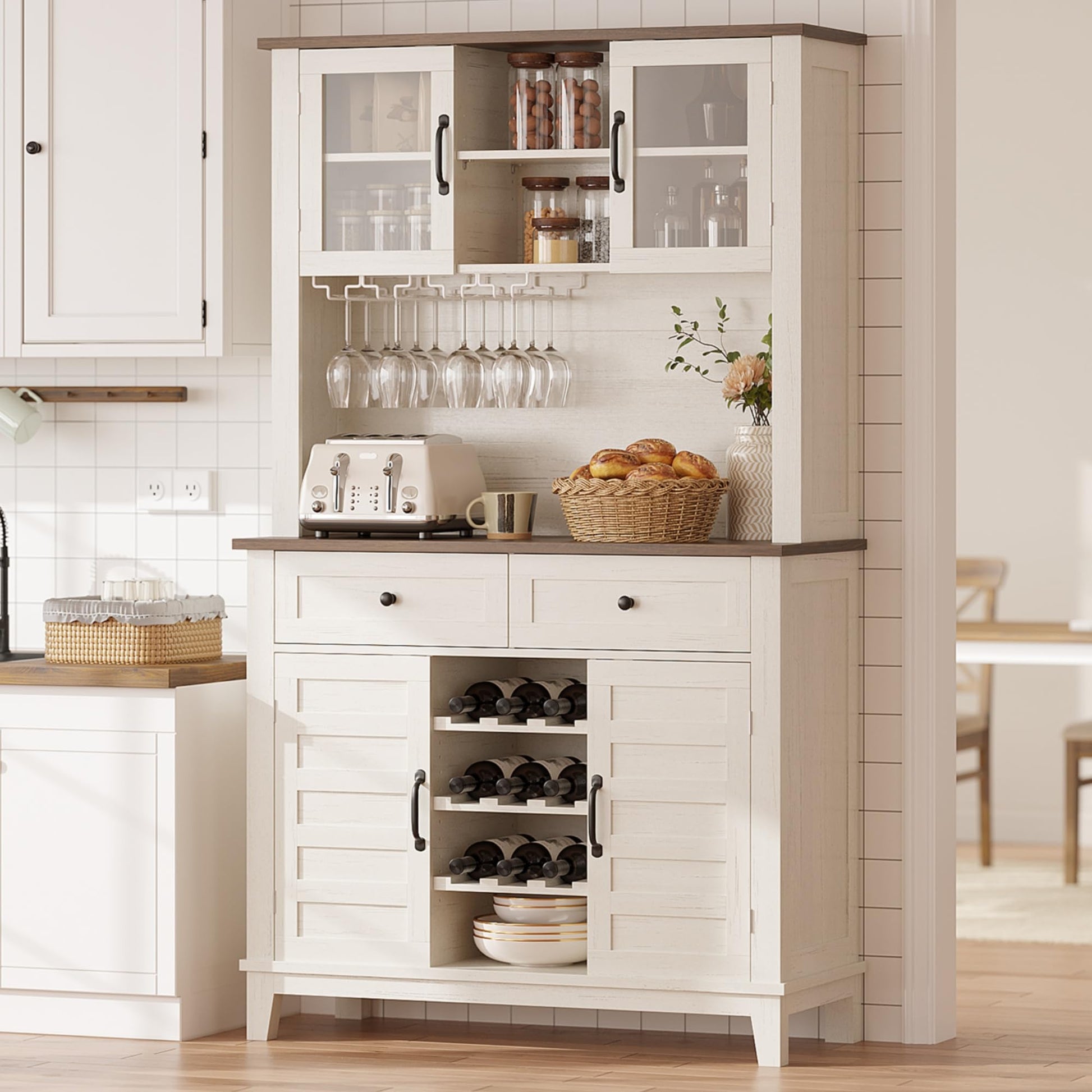 Mobile da cucina Garvee alto 72" con 4 ante, portabottiglie, cassetti, bianco, sala da pranzo, angolo bar, legno, ripiani regolabili