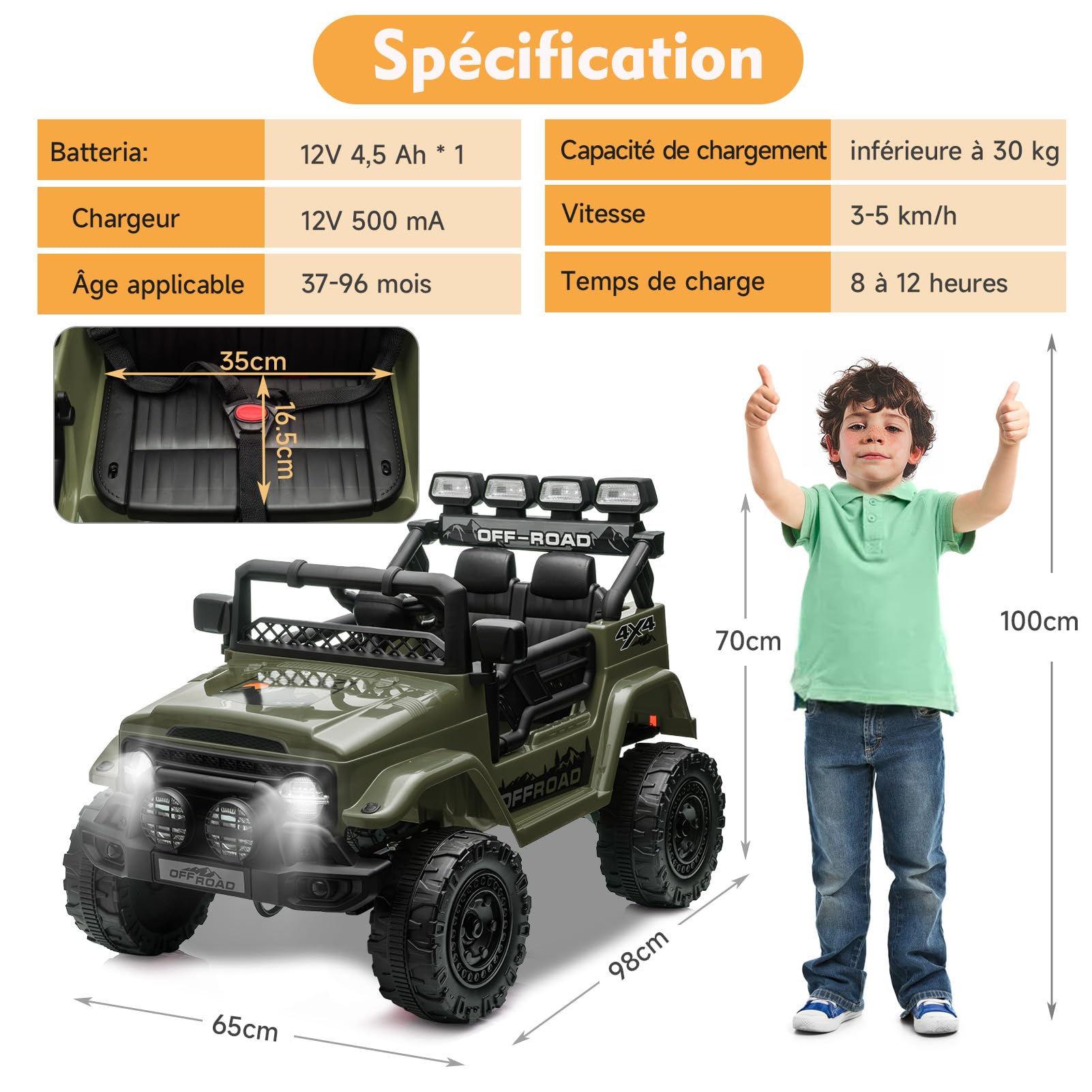 Garvee 12V Auto elettrica per bambini verde militare con LED e Bluetooth per parco giochi, giardino e guida su strada