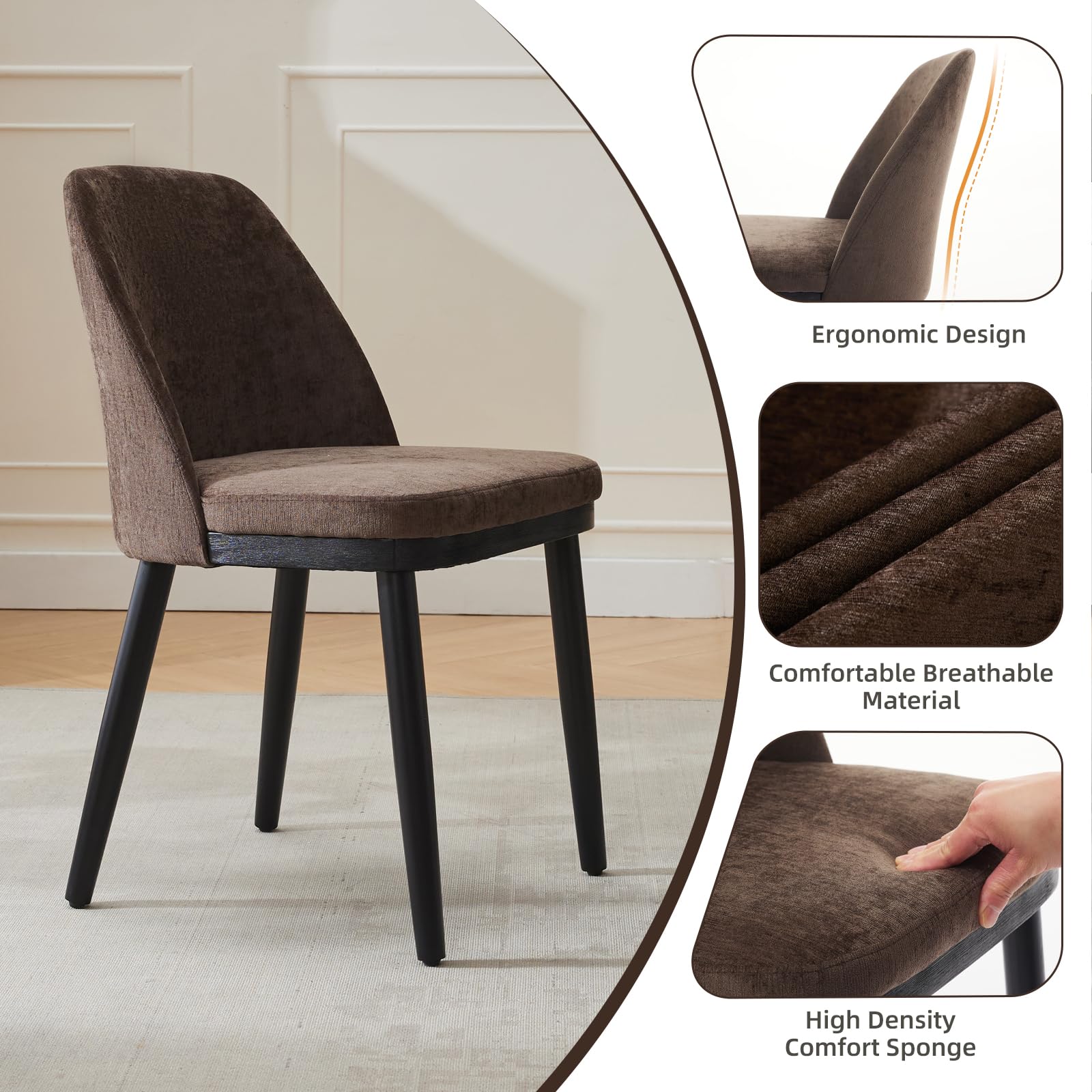 Garvee, set di 2 sedie da pranzo moderne, rivestimento in lino, schienale curvo, gambe in legno, sedia beige per cucina e soggiorno