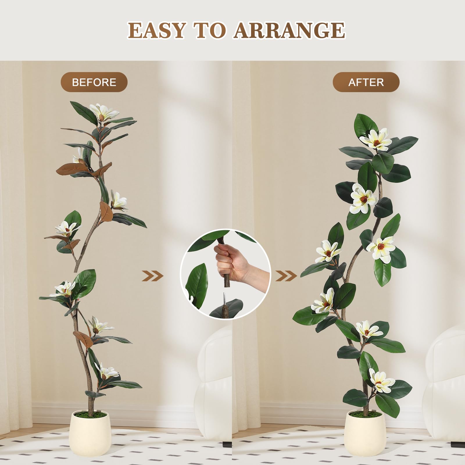 Albero di gomma artificiale Garvee da 5 piedi con fiori di magnolia, vaso bianco per ufficio e casa, stabile e durevole