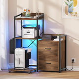 Garvee Mobile per Archivio 97 cm con Luci LED e Stazione di Ricarica, Ampio 3 Ripiani, Metallo e Legno, Cassetti e Spazio per PC, Ufficio e Casa - Marrone Rustico
