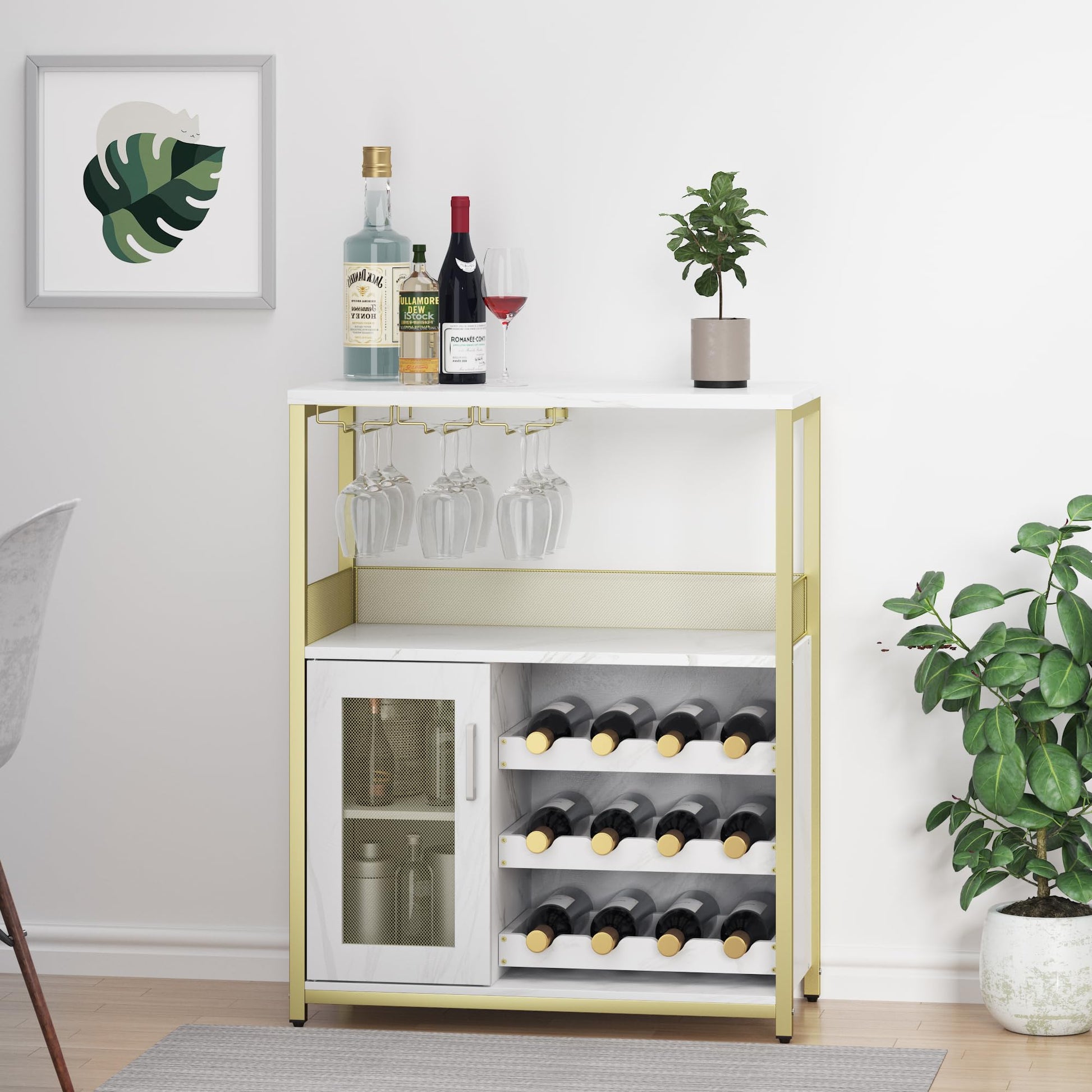 Mobile bar portabottiglie Garvee con portabottiglie rimovibile, portabicchieri, MDF e ferro, oro, per soggiorno e bar, 27,2"L x 13,8"P x 36,2"A
