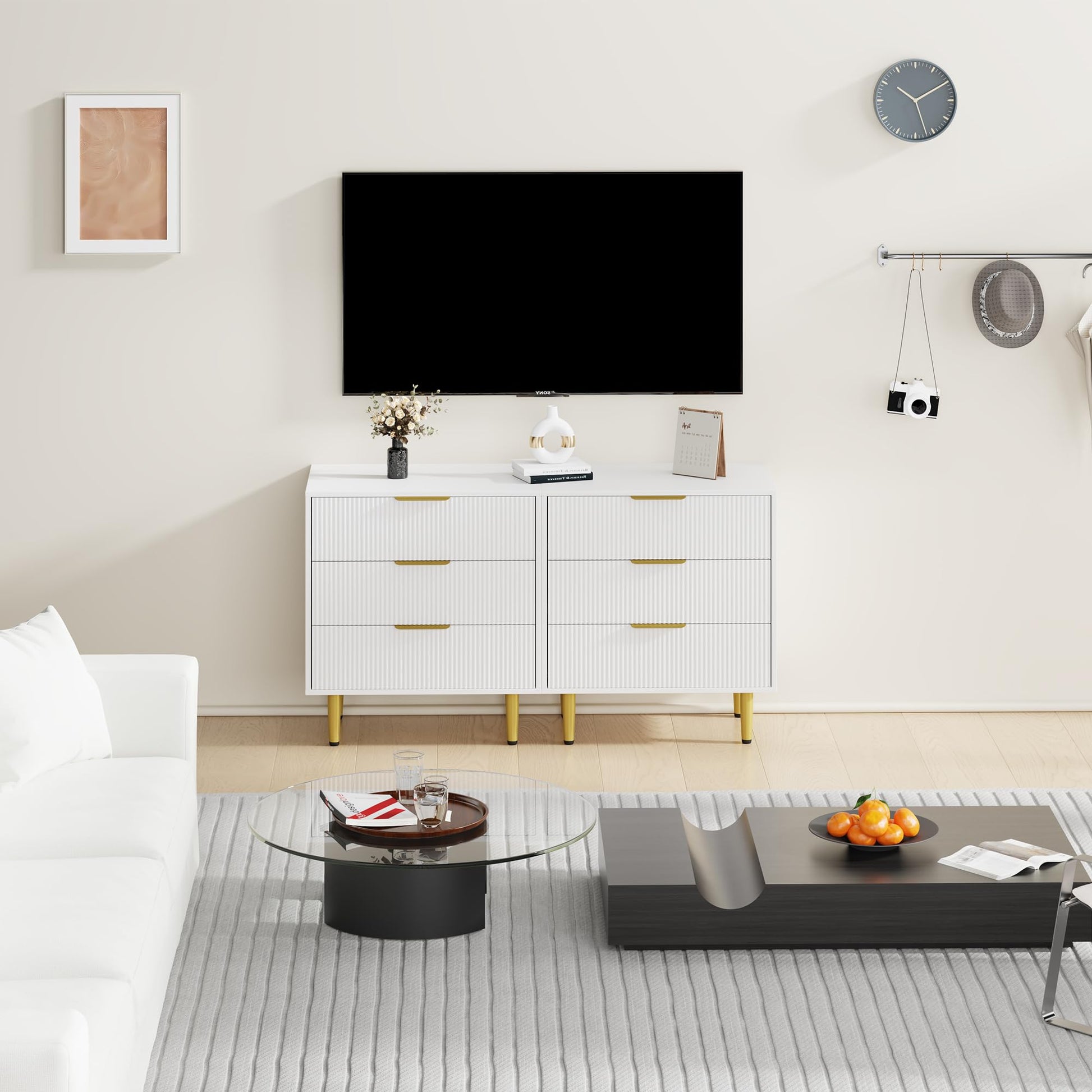 Cassettiera scanalata Garvee da 3 a 6 cassetti in MDF, manici in metallo, gambe bianche, nere, verdi naturali, moderna e minimalista, camera da letto, soggiorno