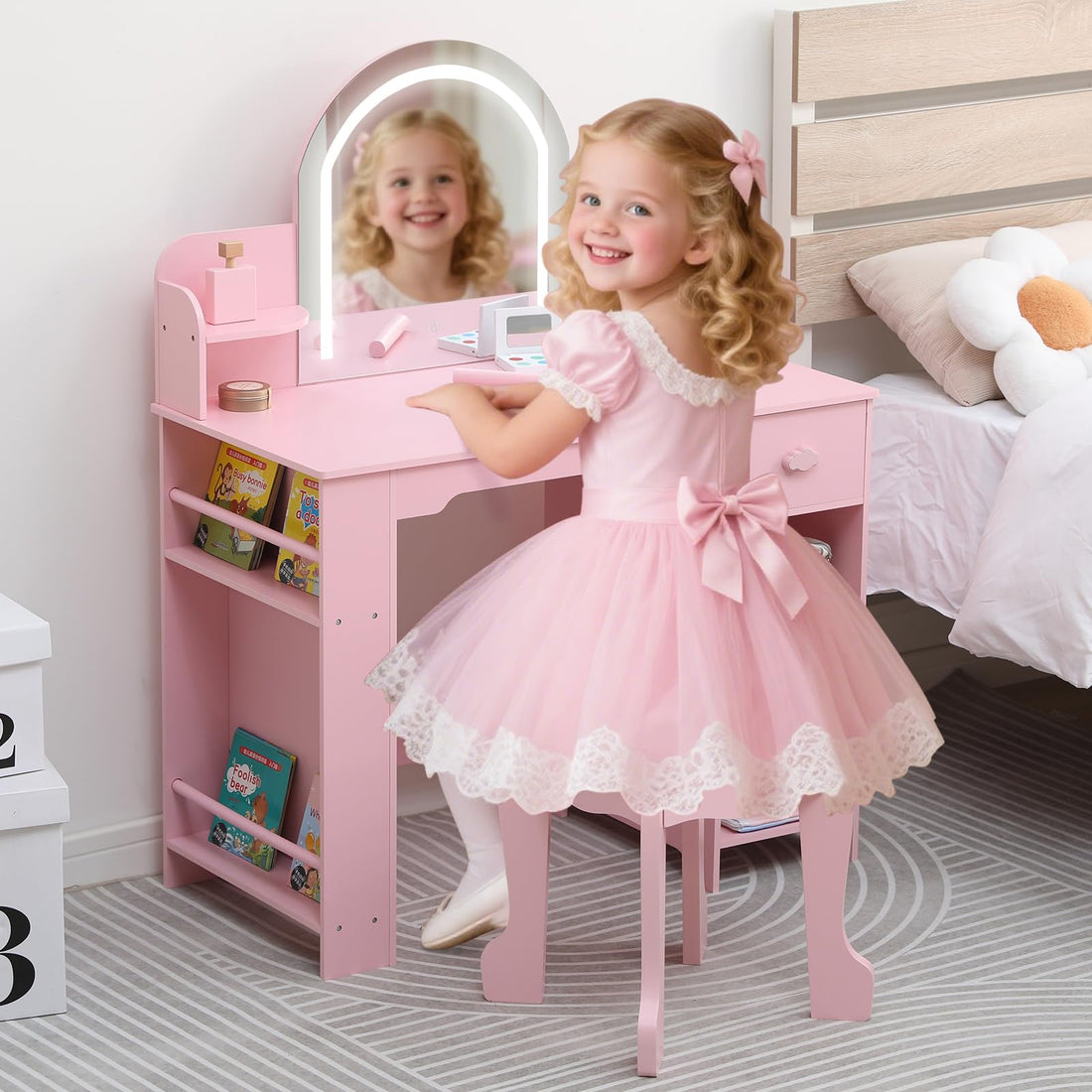 Tavolo da toeletta per bambini Garvee con luce LED, sgabello, libreria, MDF, rosa, per bambine dai 3 ai 9 anni, camera da letto e sala giochi