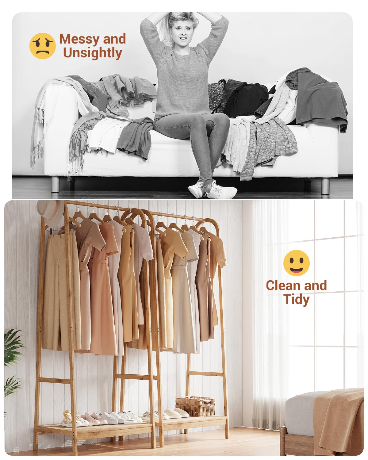 Appendiabiti in bambù Garvee con ripiano per camera da letto e balcone, robusto, grande, effetto legno naturale