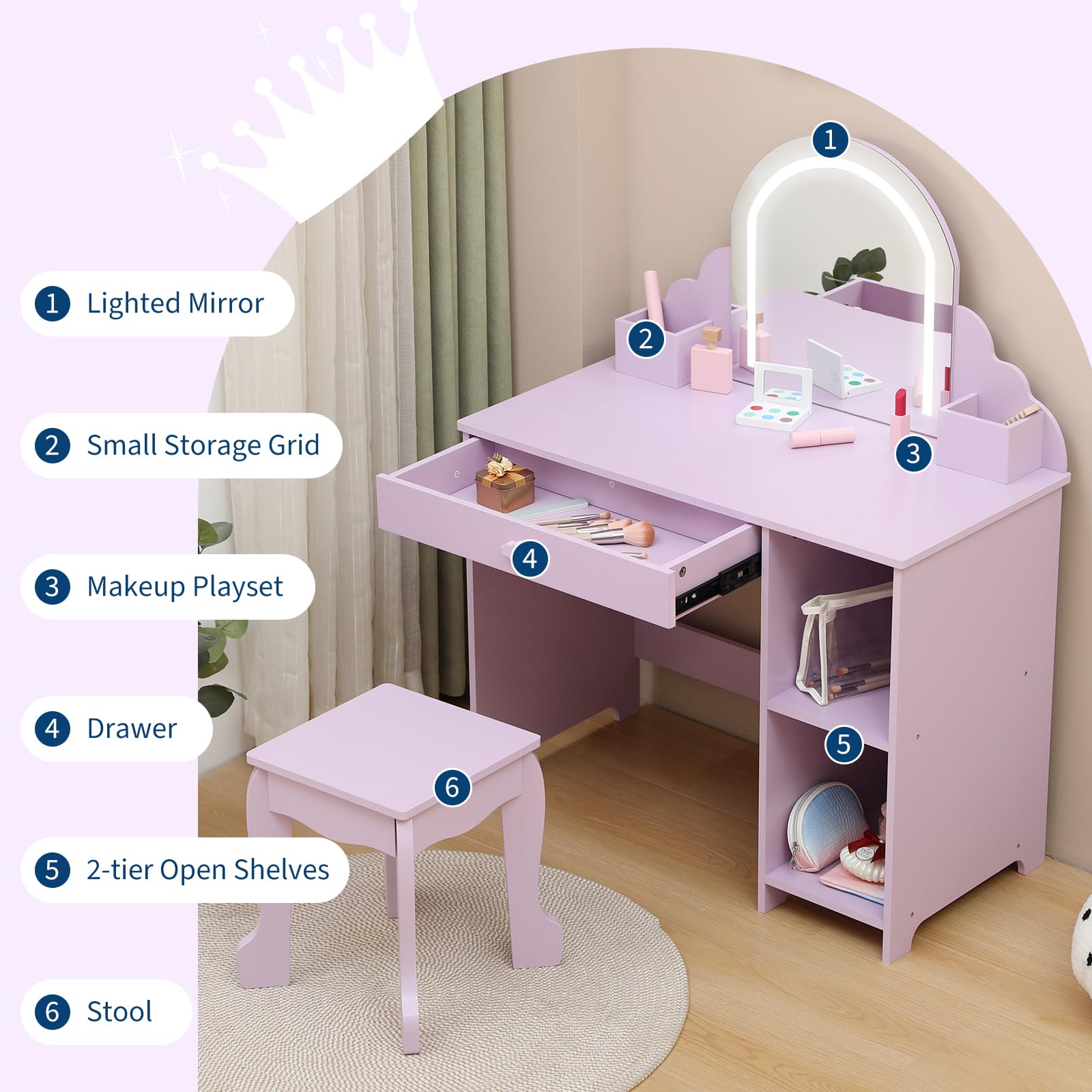 Tavolo da toeletta per bambini Garvee con luce LED, regolabile, MDF, contenitore e sgabello per bambine dai 3 a 9 anni, viola, per sala giochi e camera da letto