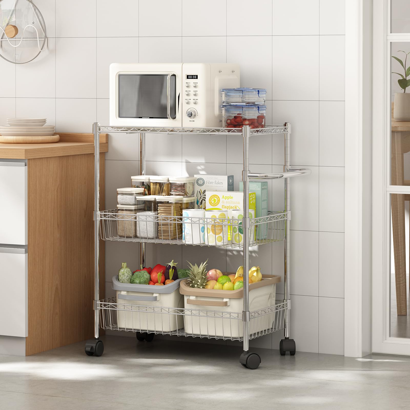 Carrello in metallo Garvee a 3 ripiani con cestini, ripiani regolabili per cucina e bagno, altezza 31,5", cromato