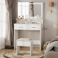 Tavolo da toeletta grande Garvee con sgabello imbottito per il trucco, tavolo da trucco moderno con illuminazione a LED, prese elettriche, 80 x 40 x 138 cm, bianco