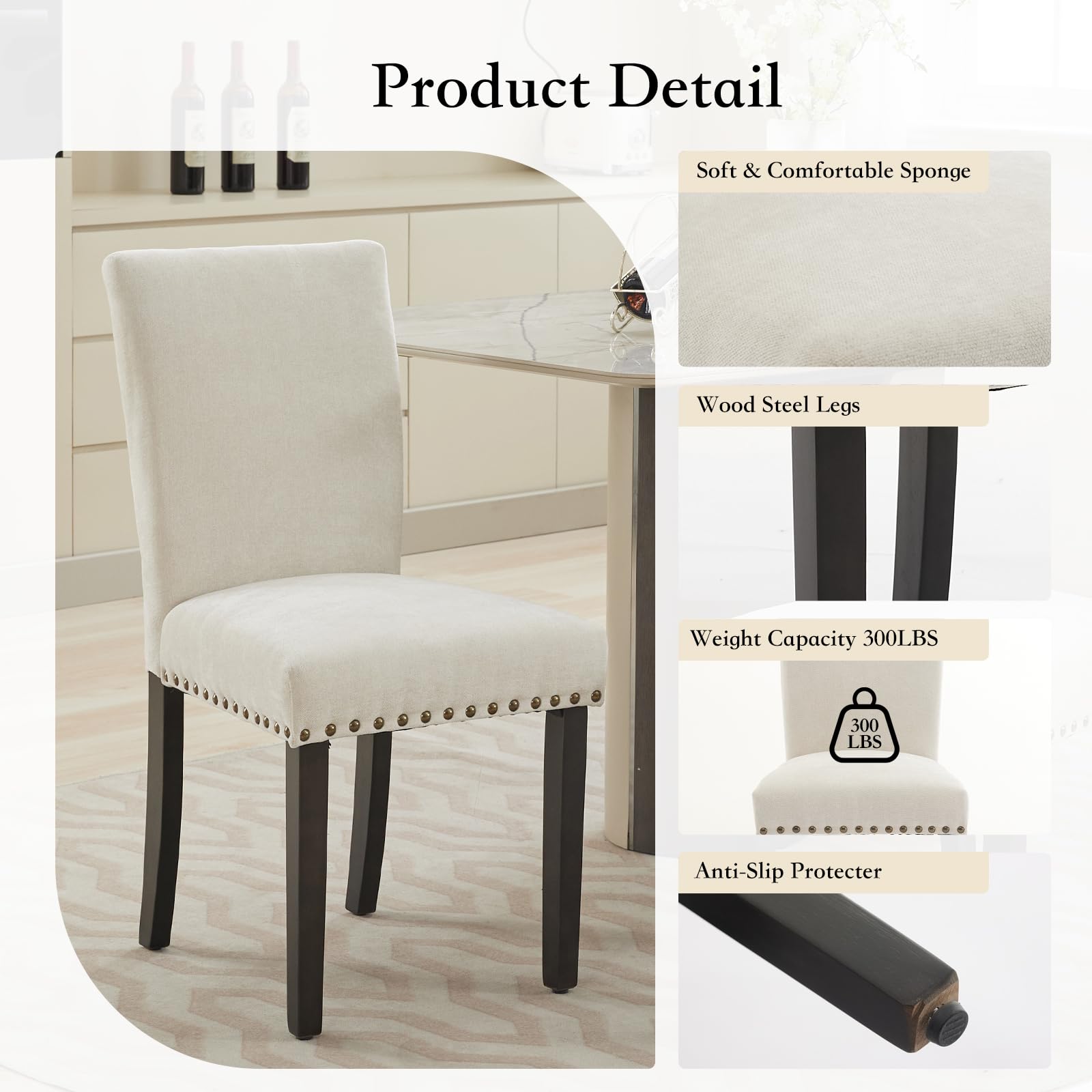 Set di 2 sedie da pranzo imbottite Garvee, moderne, con borchie, in tessuto, ergonomiche, gambe in legno, beige, per cucina e sala da pranzo