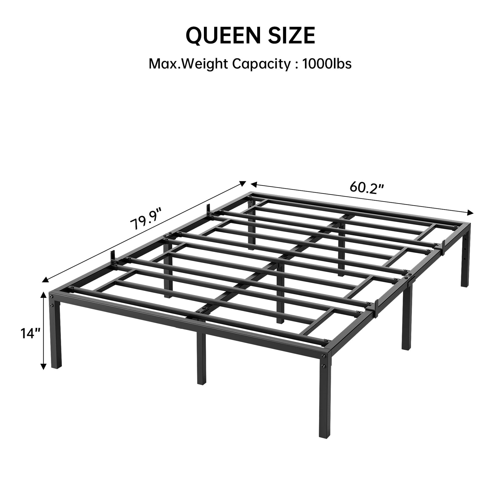 Garvee Queen Metal Bed Frame 14 pollici, struttura in acciaio robusto, silenzioso, antiscivolo, con contenitore, camera da letto, nero