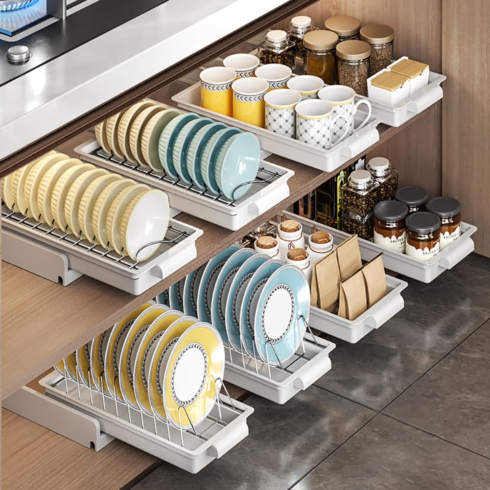 Cassetto telescopico estensibile Garvee per cucina, ripiani portaoggetti per mobili da cucina, porta spezie, organizer per cassetti, cestello per posate da cucina, acciaio inossidabile, non richiede foratura, versatile