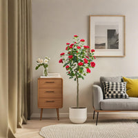 Albero di camelia artificiale rosso Garvee da 5 piedi con fiori e foglie realistici per soggiorno e uso esterno, facile da pulire, robusto, rosso