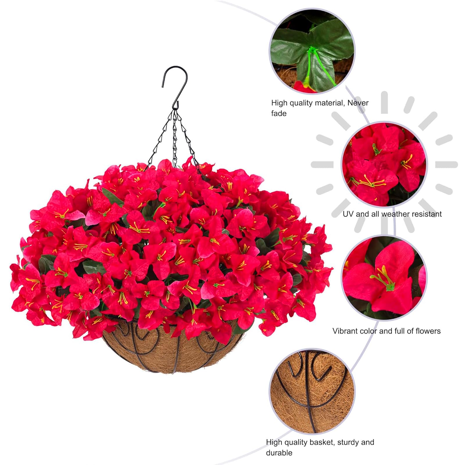 Garvee Set di fiori di bouganville artificiali con cesto per giardino e terrazza, resistenti alle intemperie e ai raggi UV, rosso e verde