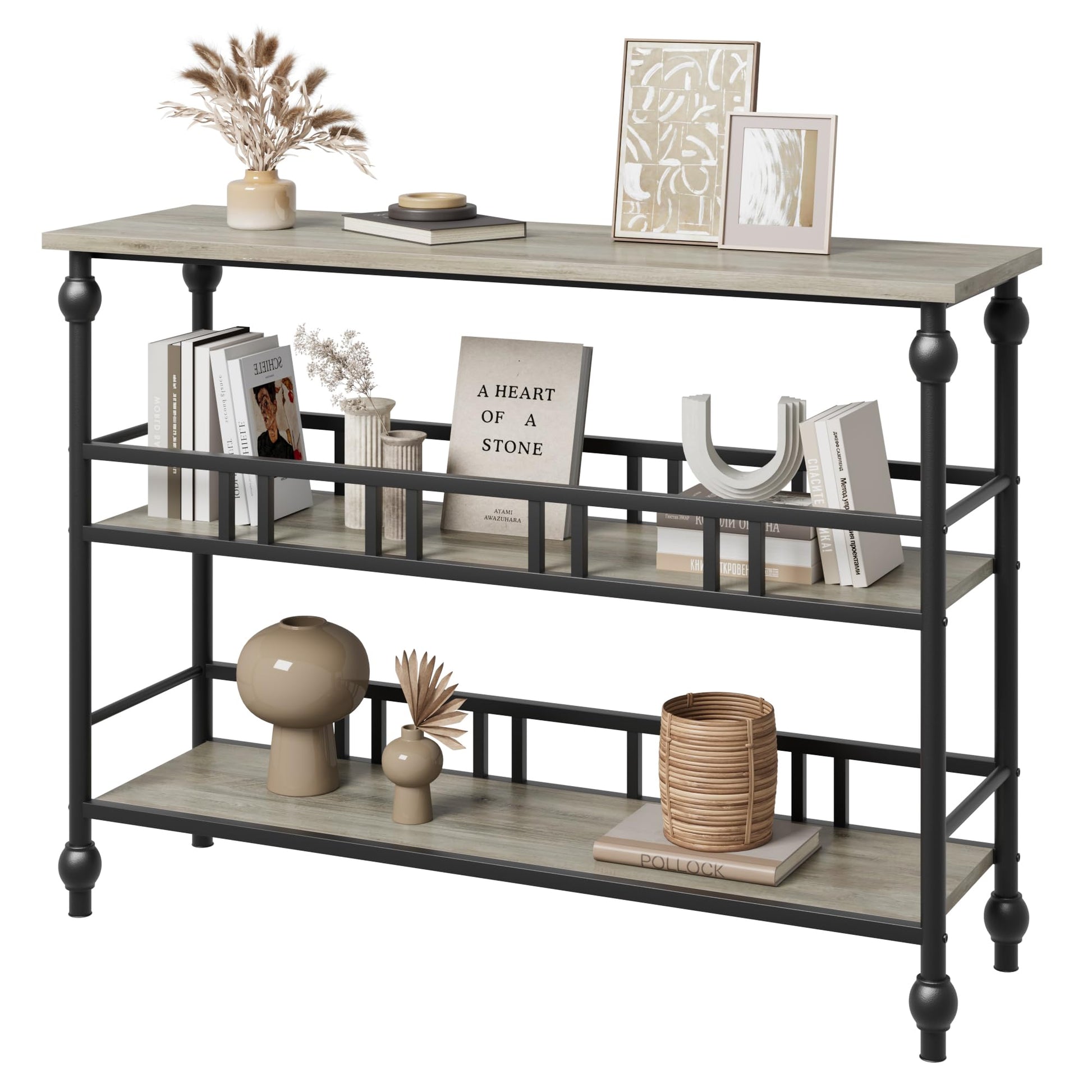 Garvee Tavolo Consolle 43" 3 Ripiani Vintage Design Robusto Metallo Legno MDF Regolabile Ingresso Corridoio Naturale