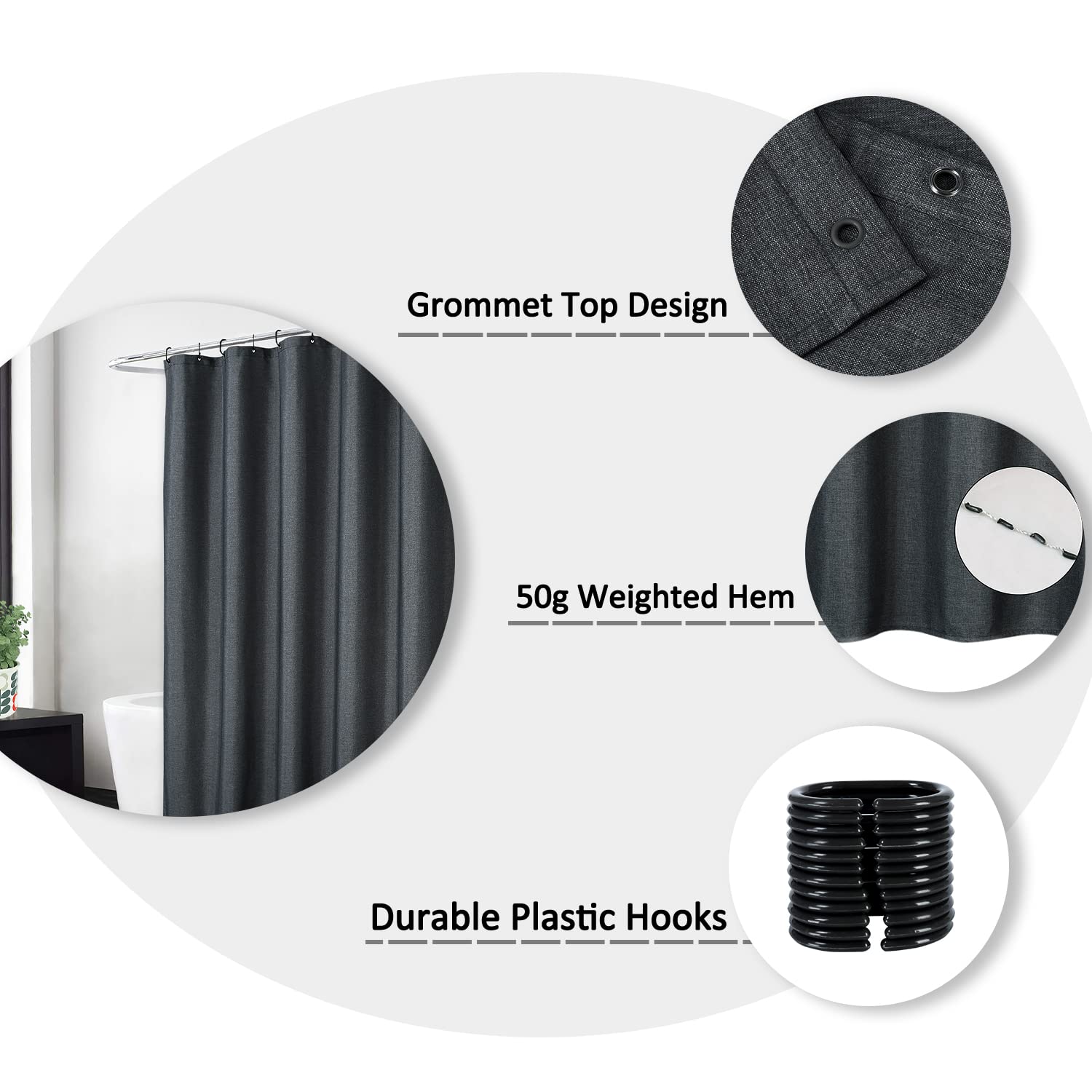 Garvee Flachs-Leinen-Duschvorhang 240GSM Schweres Gewebe Wasserabweisend Waschbar Dunkelgrau 180x180 cm Hotelstil Mit Haken Badezimmer