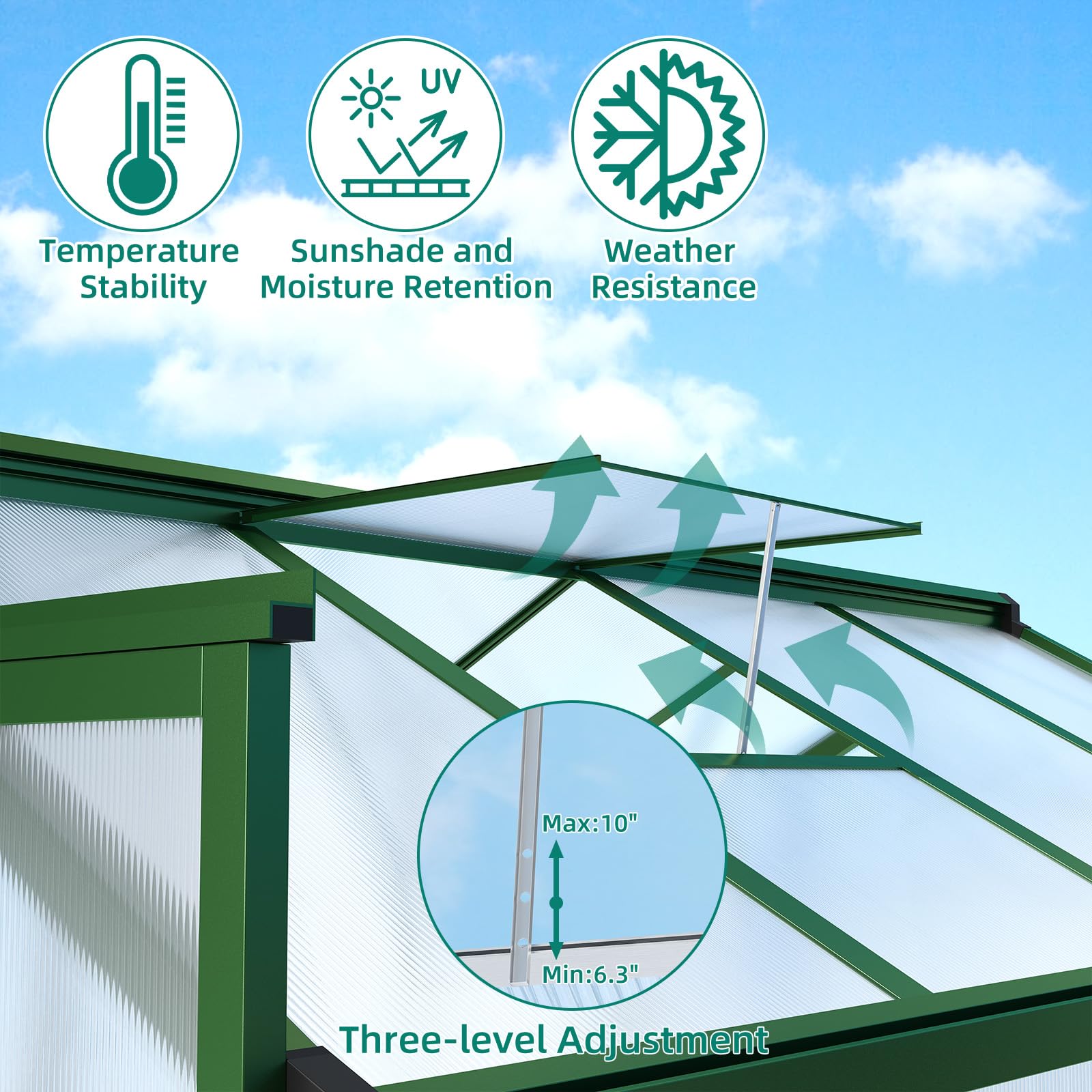 Serra in alluminio Garvee 6x8 piedi con policarbonato, ventilazione del tetto per giardino e patio, robusta, protezione UV, facile da montare, grigia