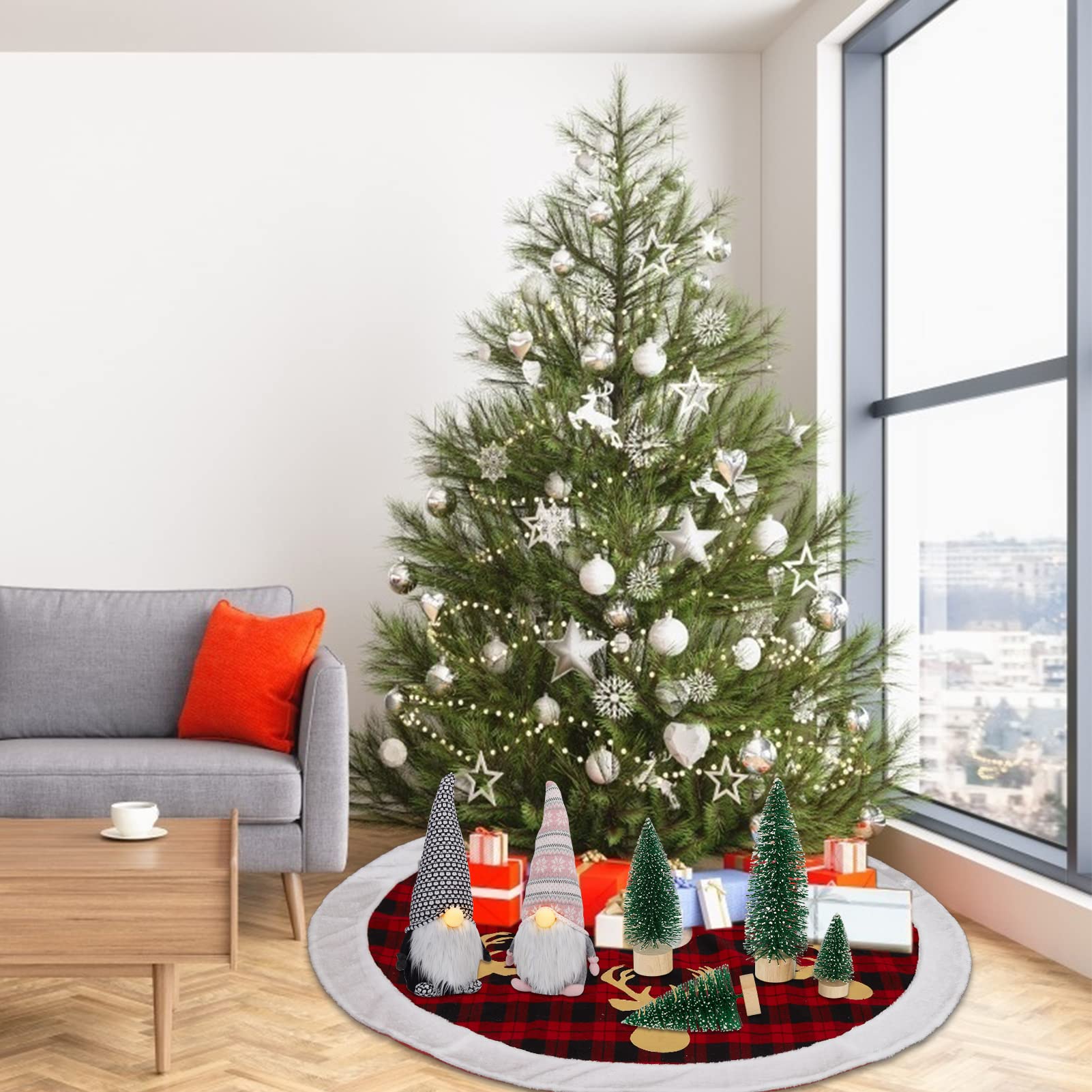 Gonna per albero di Natale Garvee da 48 pollici, motivo a quadri rossi e neri con motivo a cervo, pelliccia sintetica, per casa e feste